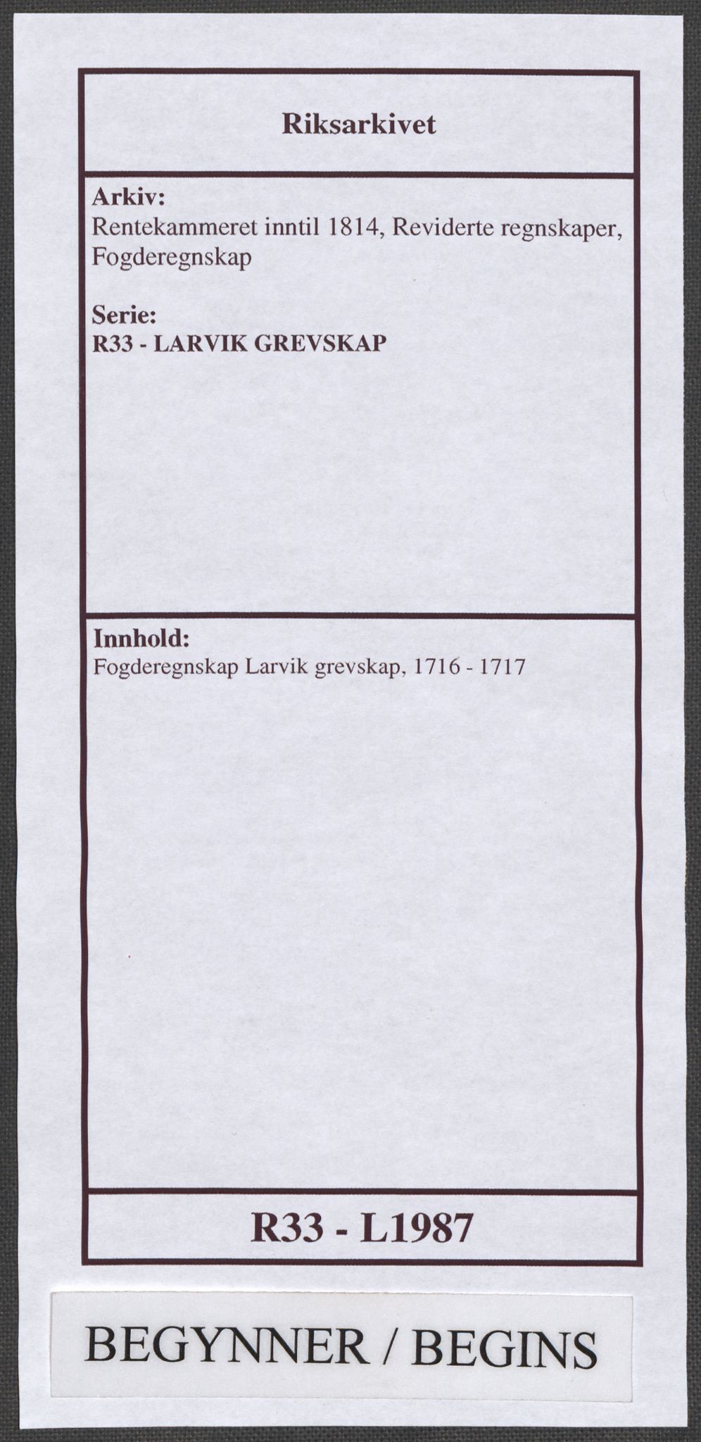 Rentekammeret inntil 1814, Reviderte regnskaper, Fogderegnskap, AV/RA-EA-4092/R33/L1987: Fogderegnskap Larvik grevskap, 1716-1717, p. 1