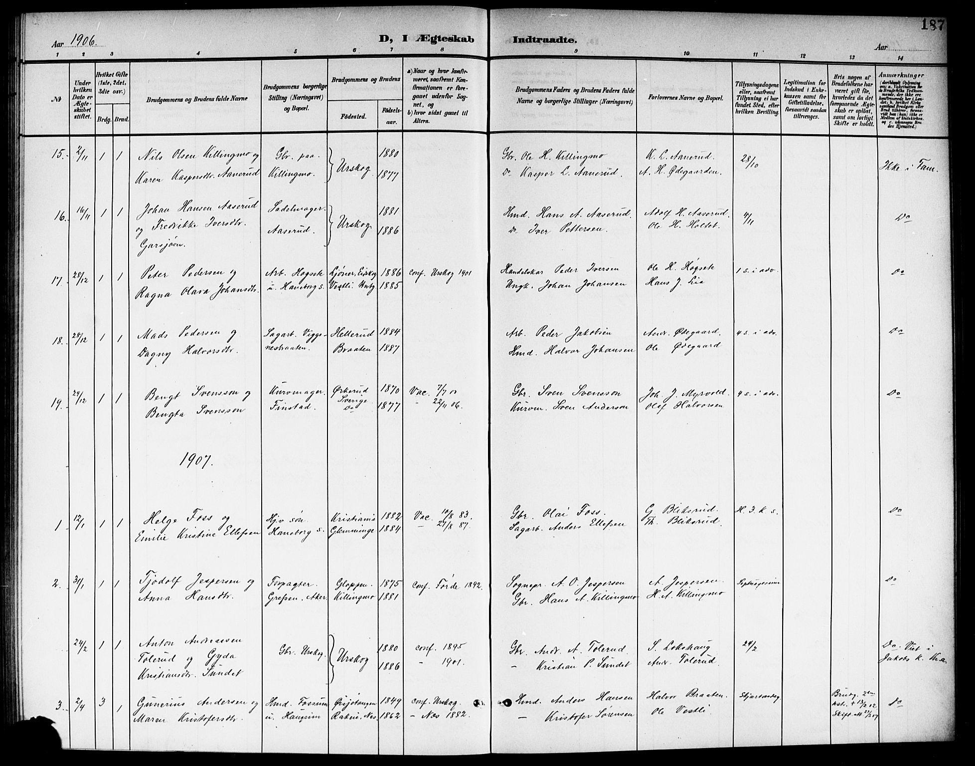 Aurskog prestekontor Kirkebøker, SAO/A-10304a/G/Ga/L0004: Parish register (copy) no. I 4, 1901-1921, p. 187