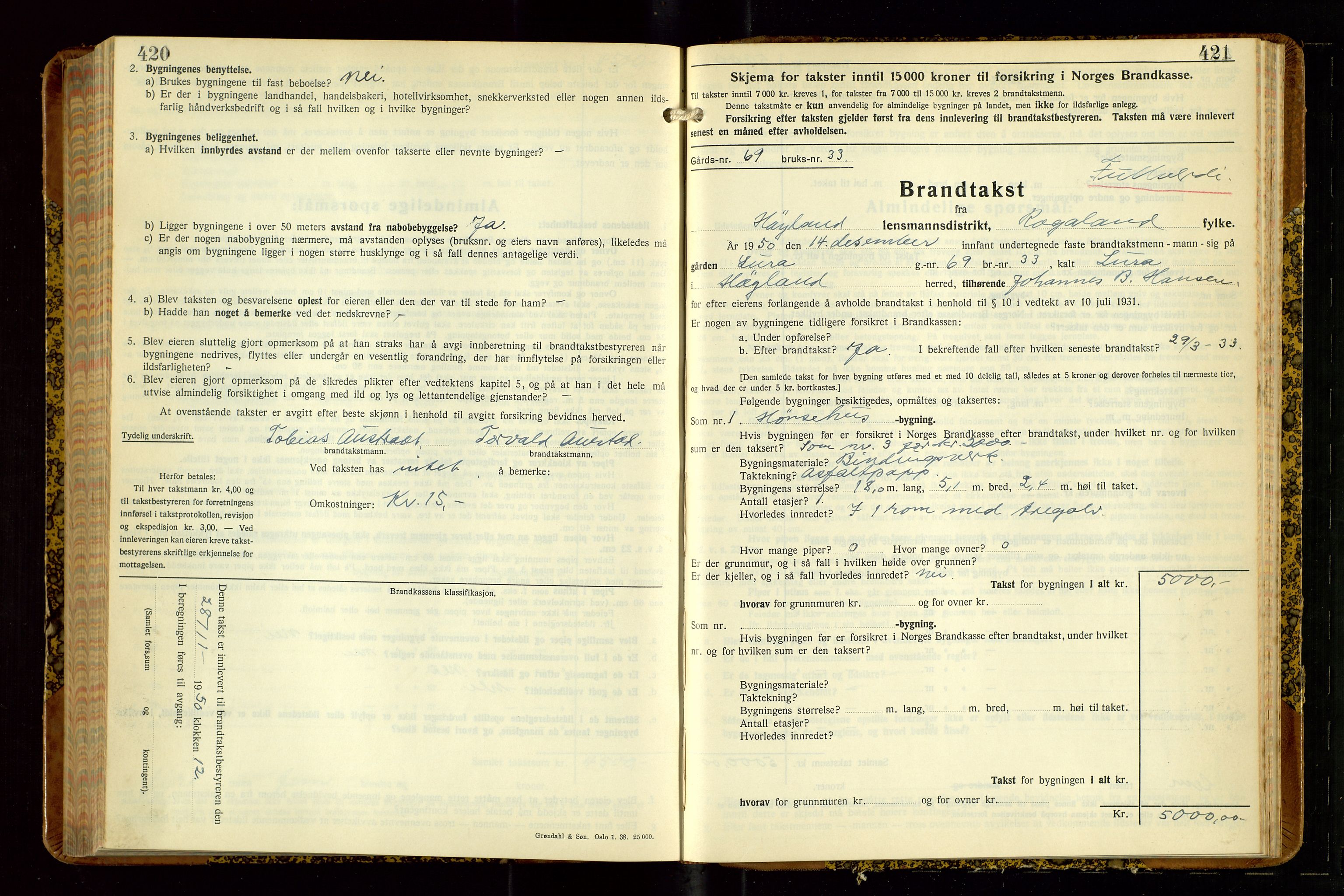 Høyland/Sandnes lensmannskontor, AV/SAST-A-100166/Gob/L0008: "Branntakstprotokoll", 1940-1952, p. 420-421