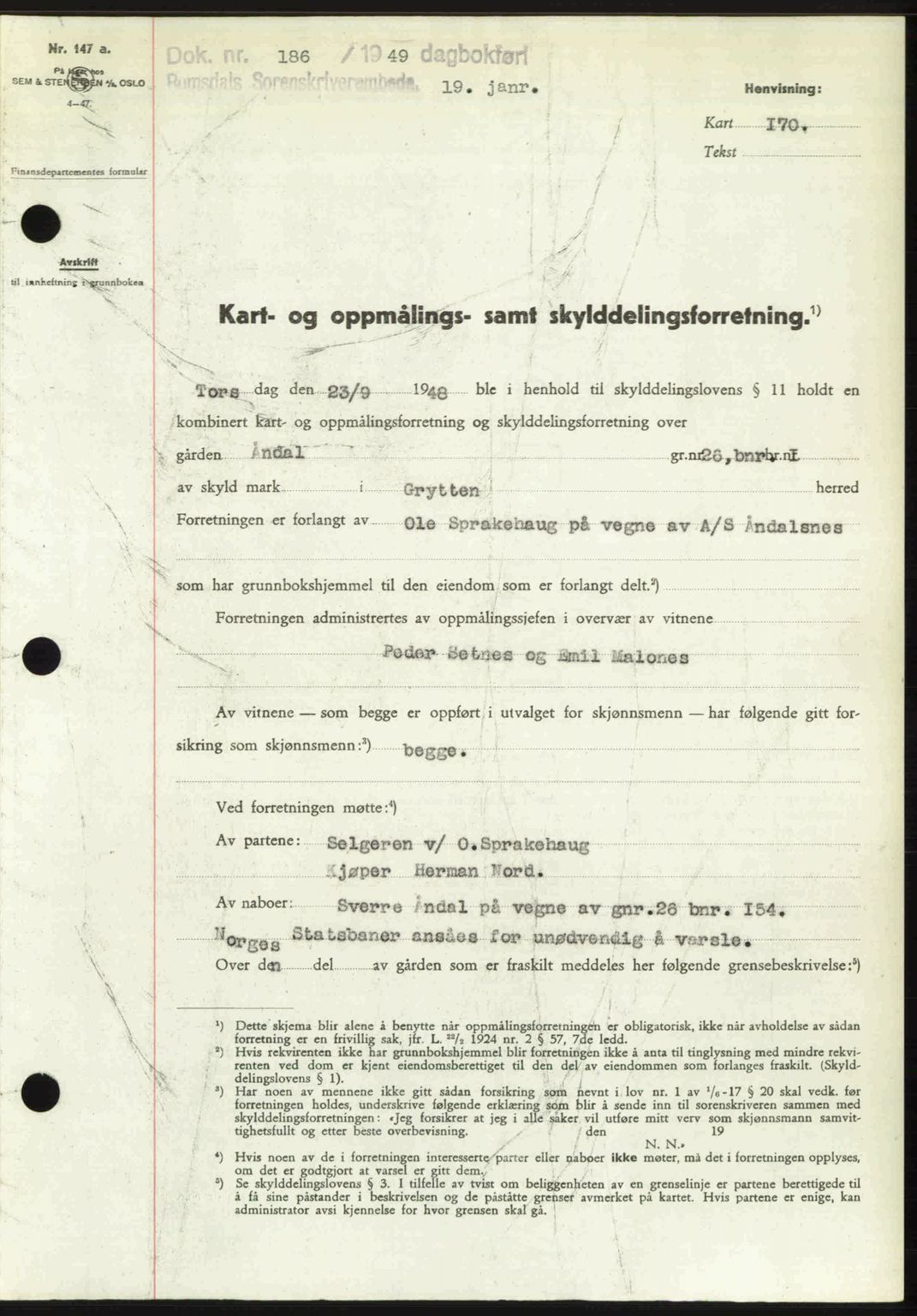 Romsdal sorenskriveri, AV/SAT-A-4149/1/2/2C: Mortgage book no. A28, 1948-1949, Diary no: : 186/1949