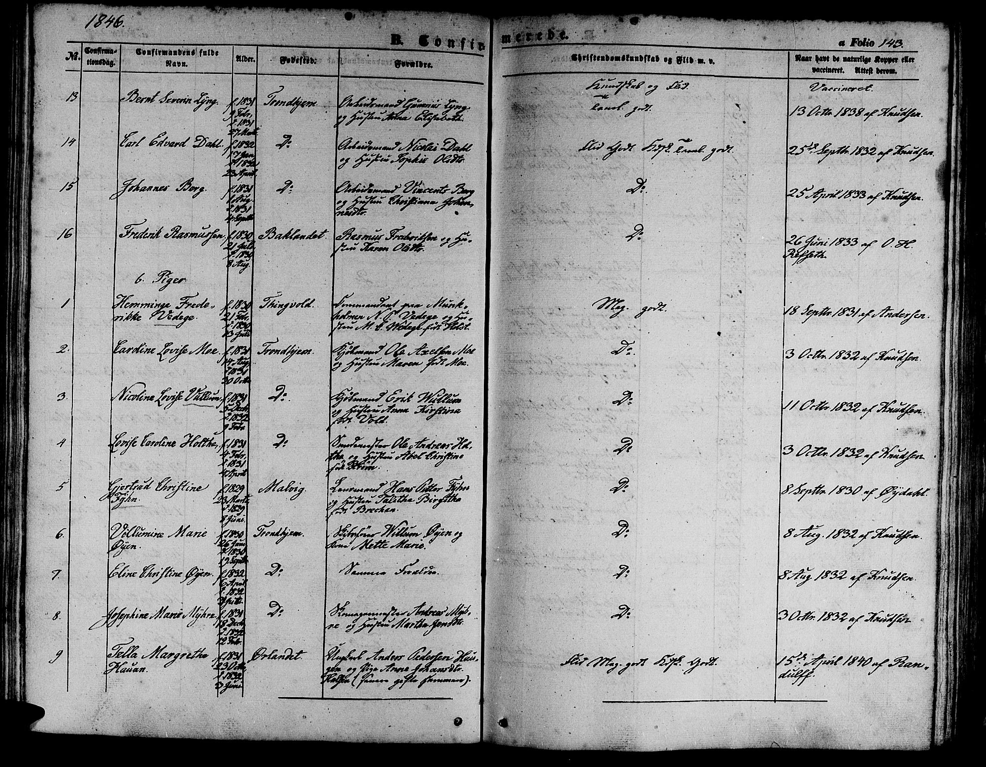 Ministerialprotokoller, klokkerbøker og fødselsregistre - Sør-Trøndelag, SAT/A-1456/602/L0137: Parish register (copy) no. 602C05, 1846-1856, p. 143