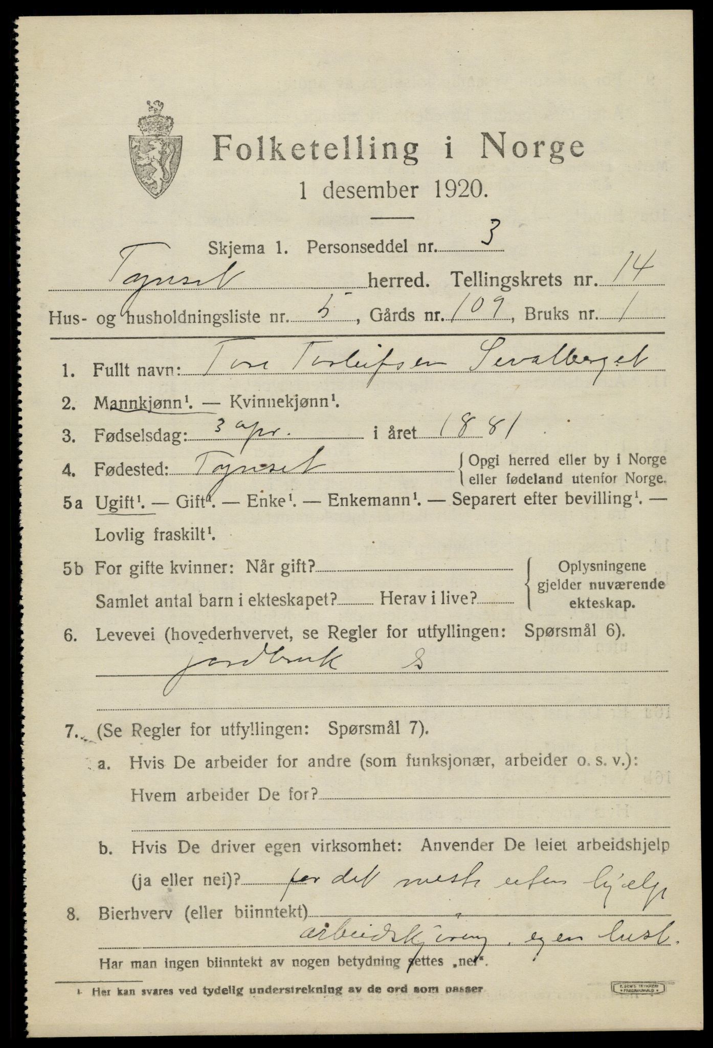 SAH, 1920 census for Tynset, 1920, p. 8972