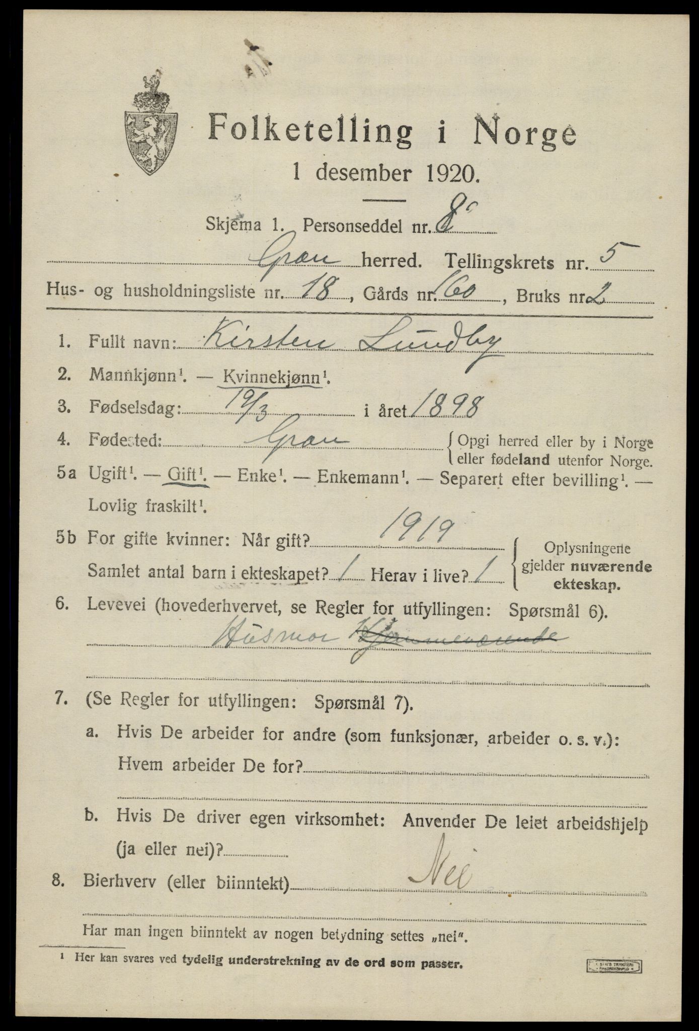 SAH, 1920 census for Gran, 1920, p. 7167