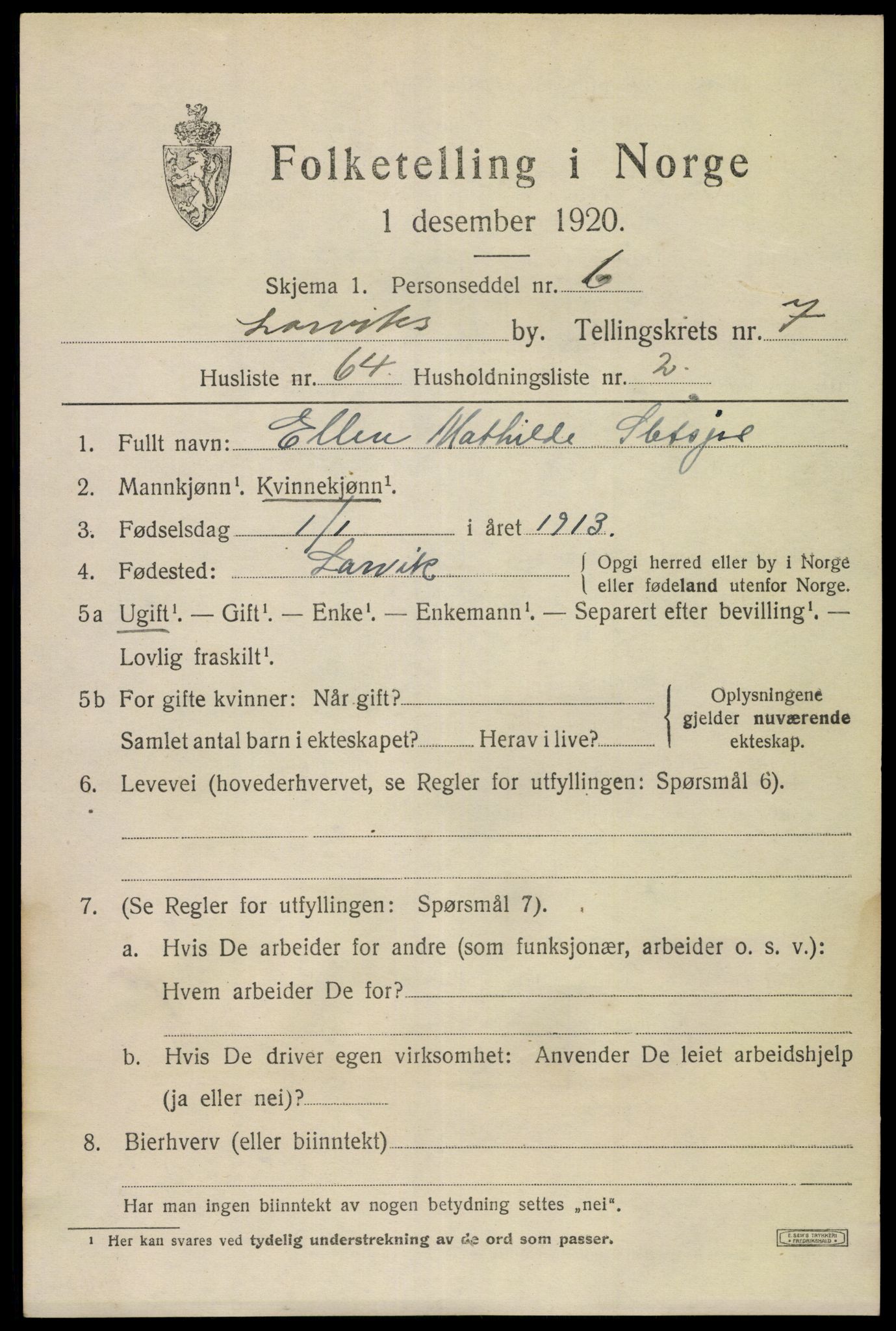 SAKO, 1920 census for Larvik, 1920, p. 21656