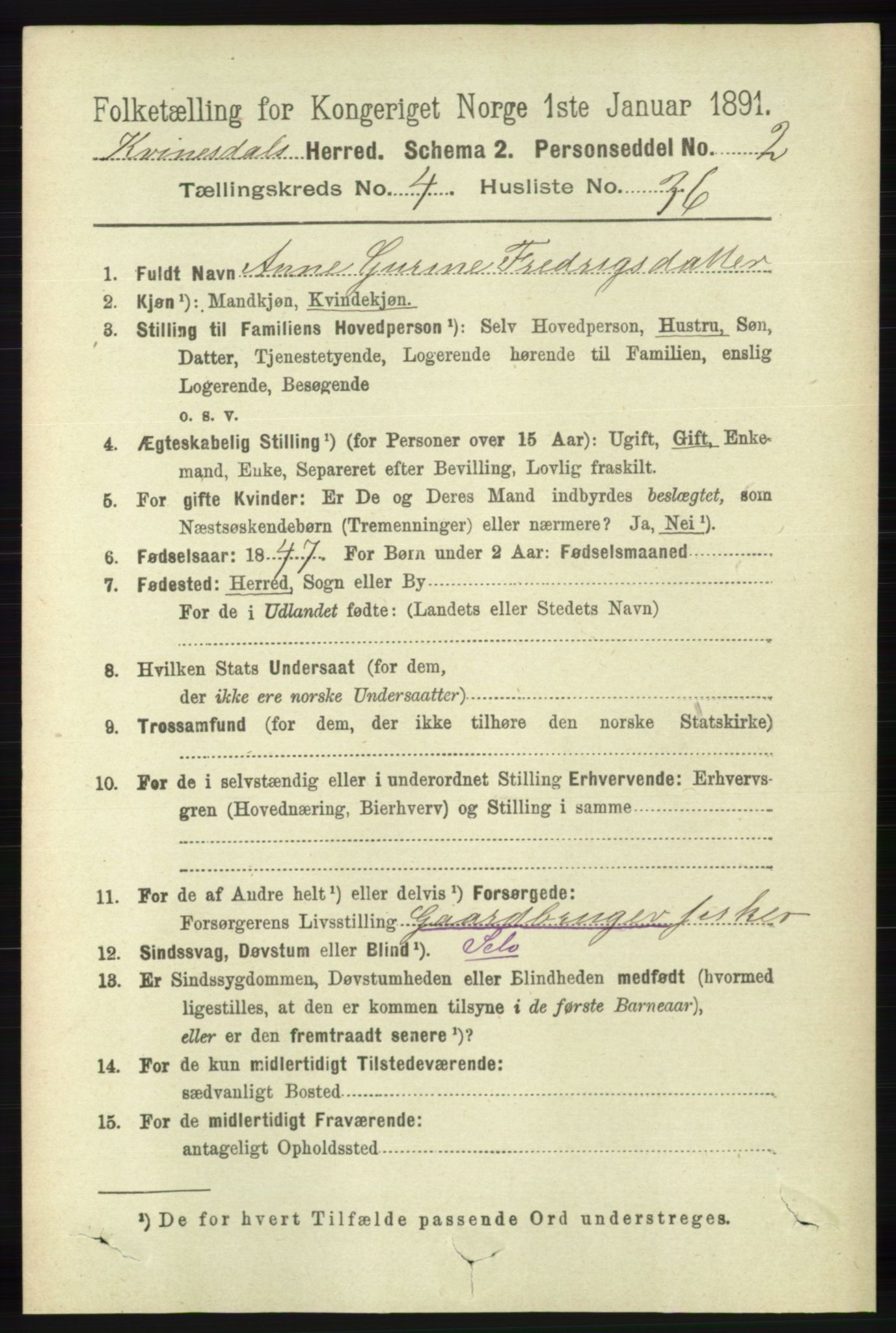 RA, 1891 census for 1037 Kvinesdal, 1891, p. 1617