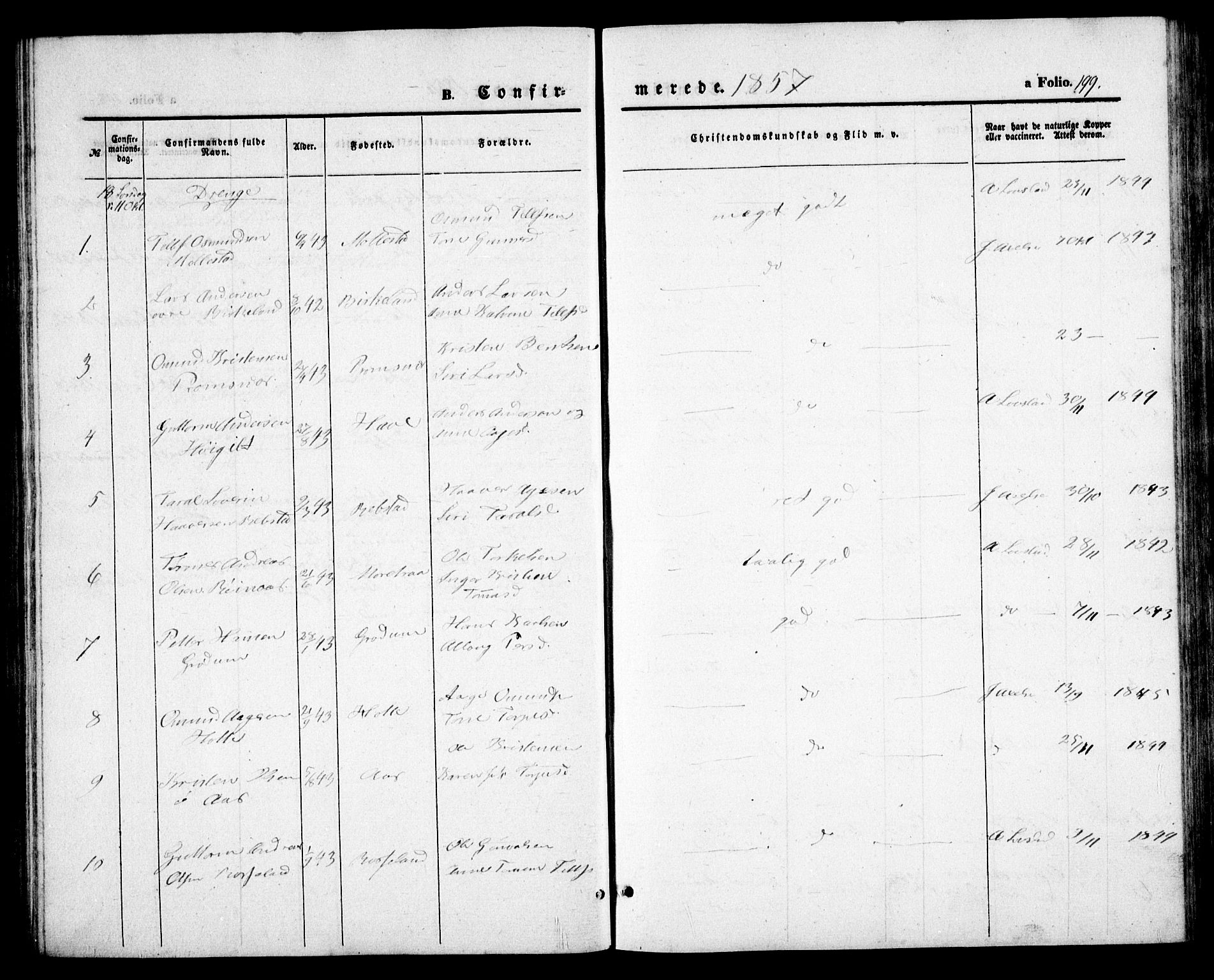 Birkenes sokneprestkontor, SAK/1111-0004/F/Fb/L0002: Parish register (copy) no. B 2, 1849-1876, p. 199