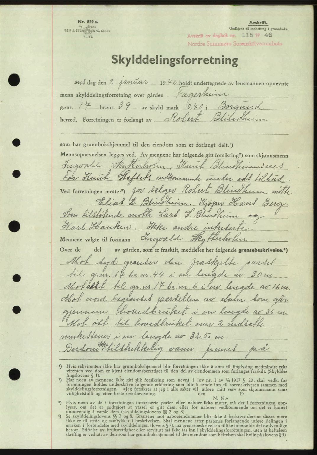 Nordre Sunnmøre sorenskriveri, AV/SAT-A-0006/1/2/2C/2Ca: Mortgage book no. A20b, 1946-1946, Diary no: : 115/1946