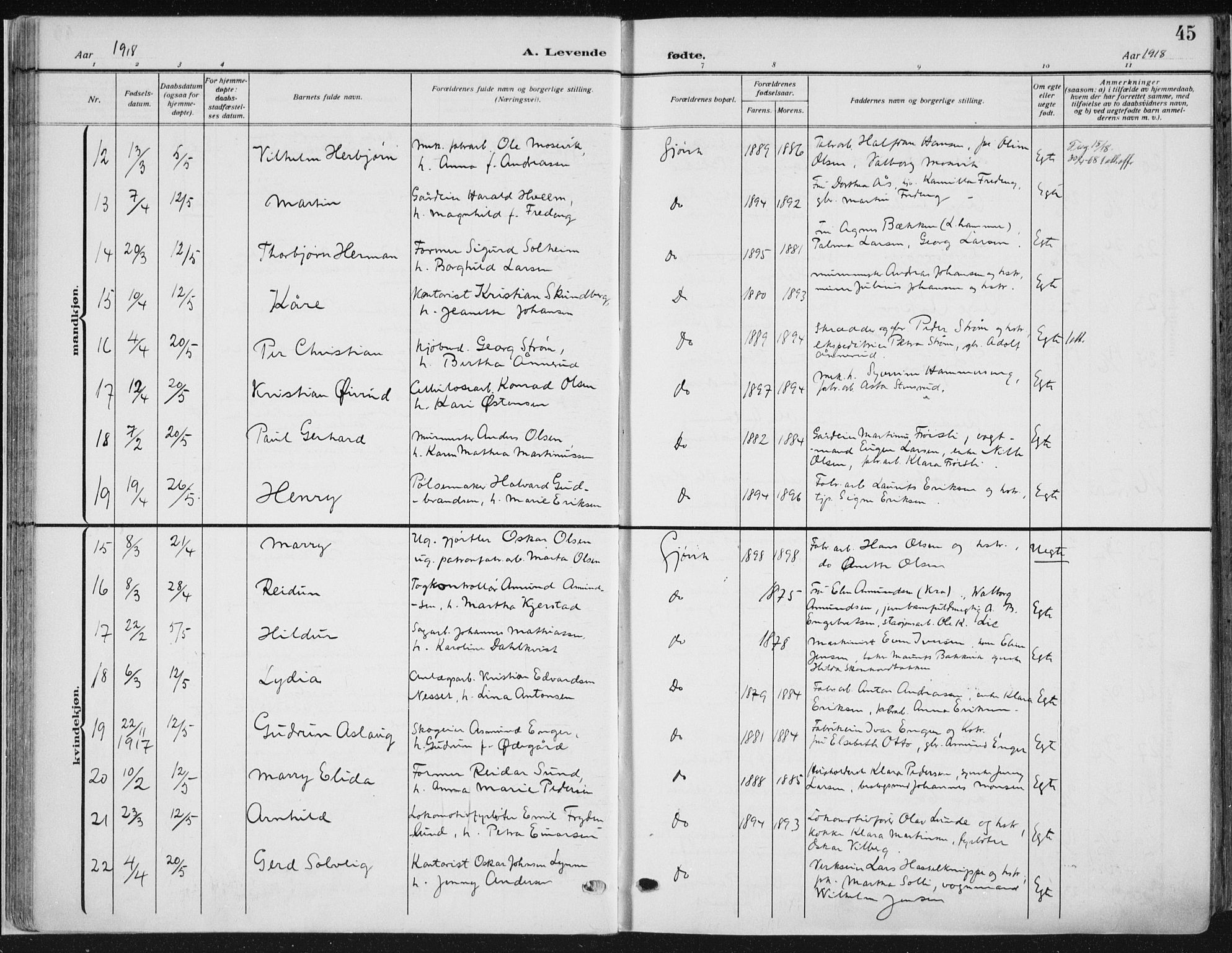 Vardal prestekontor, AV/SAH-PREST-100/H/Ha/Haa/L0014: Parish register (official) no. 14, 1912-1922, p. 45