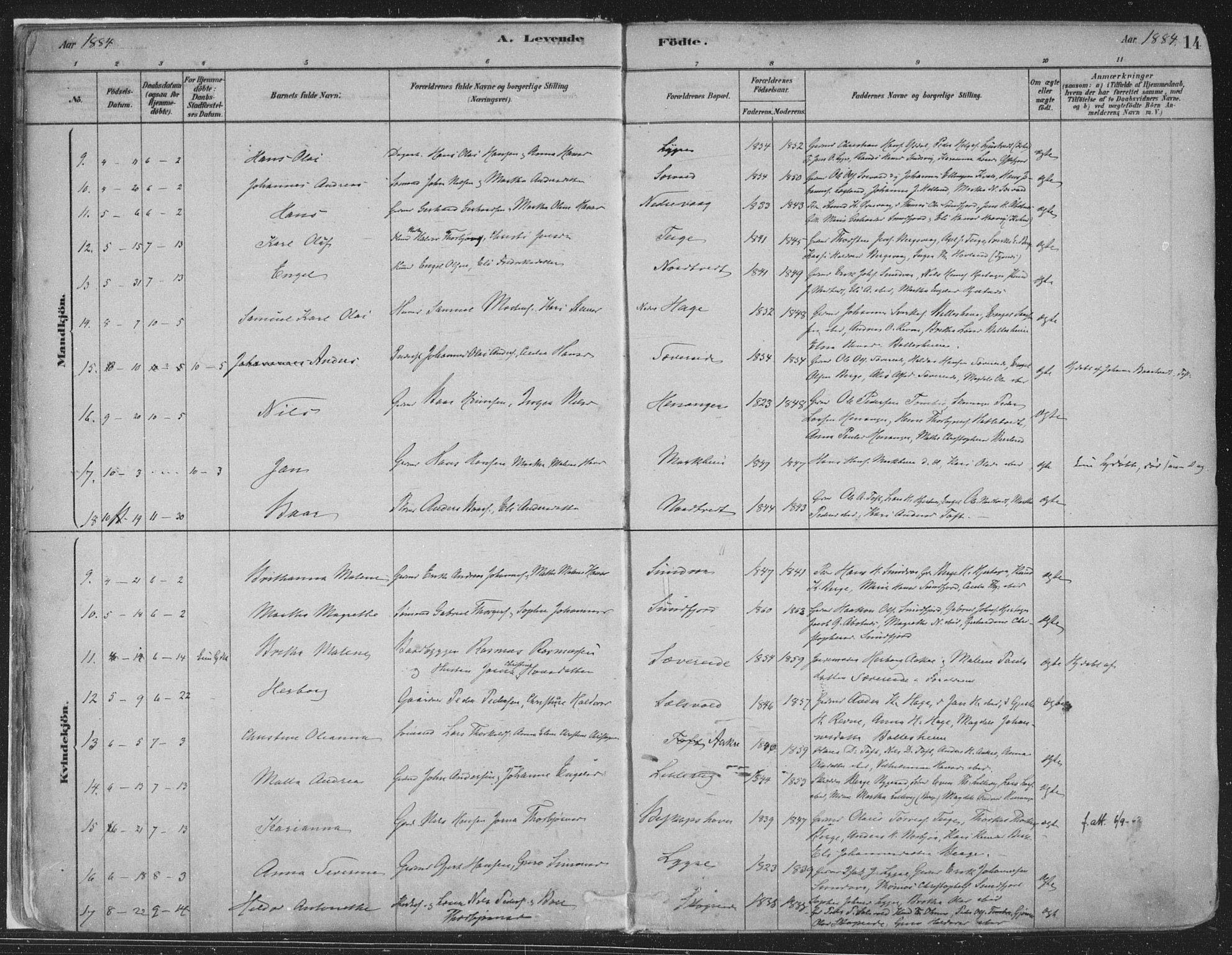 Fusa sokneprestembete, AV/SAB-A-75401/H/Haa: Parish register (official) no. D 1, 1880-1938, p. 14