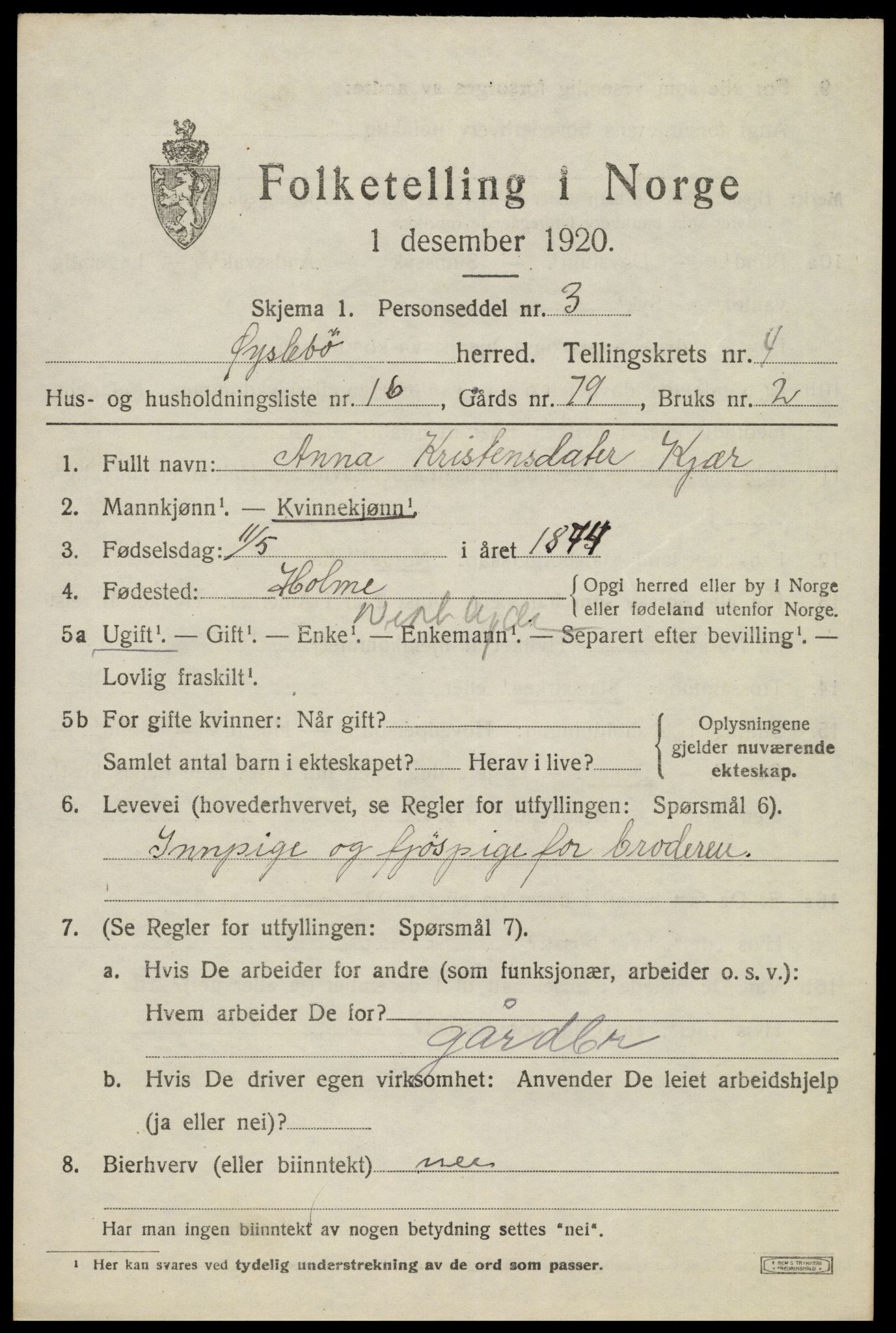 SAK, 1920 census for Øyslebø, 1920, p. 1290