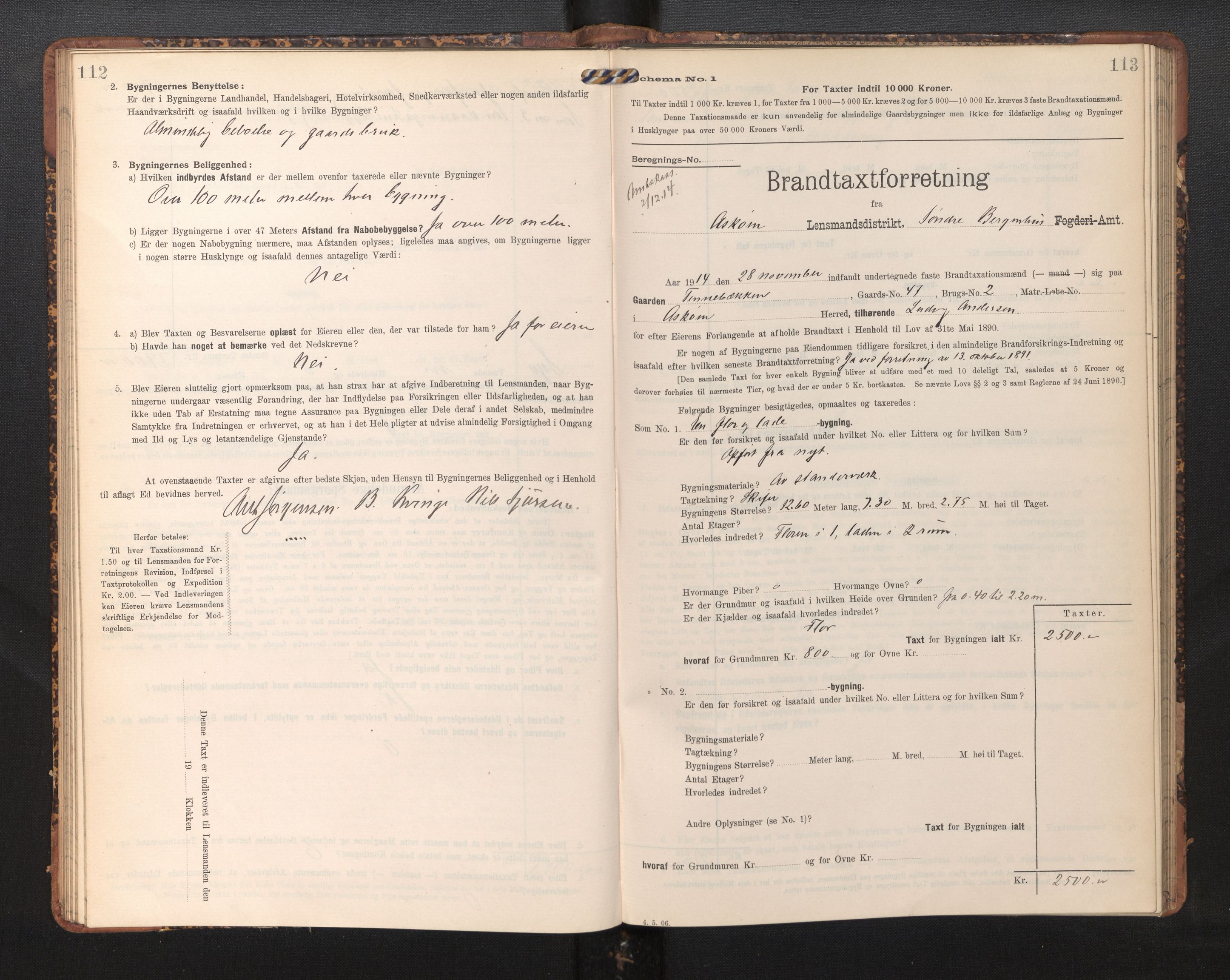 Lensmannen i Askøy, AV/SAB-A-31001/0012/L0006: Branntakstprotokoll, skjematakst, Laksevåg, 1907-1917, p. 112-113