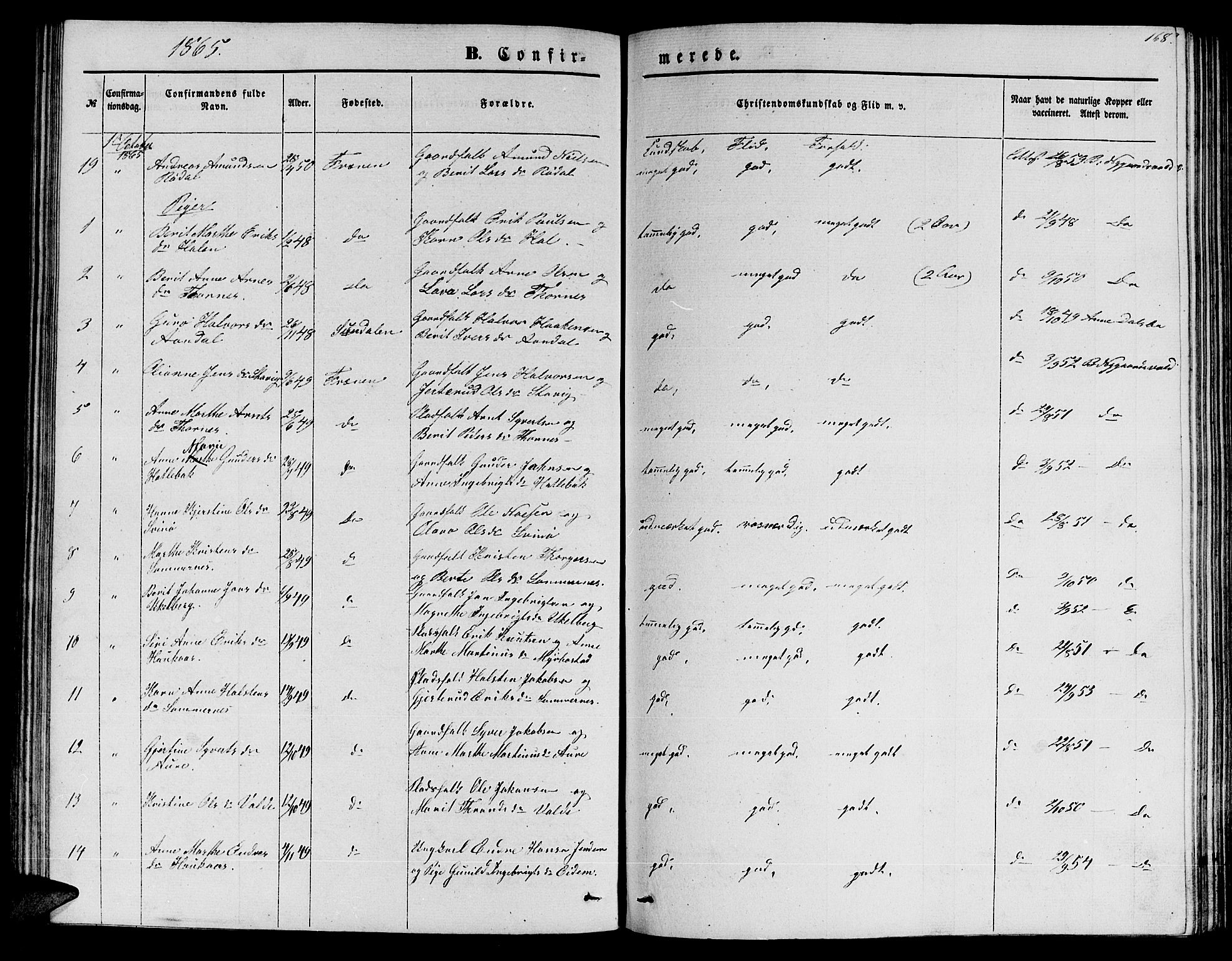 Ministerialprotokoller, klokkerbøker og fødselsregistre - Møre og Romsdal, AV/SAT-A-1454/565/L0753: Parish register (copy) no. 565C02, 1845-1870, p. 168