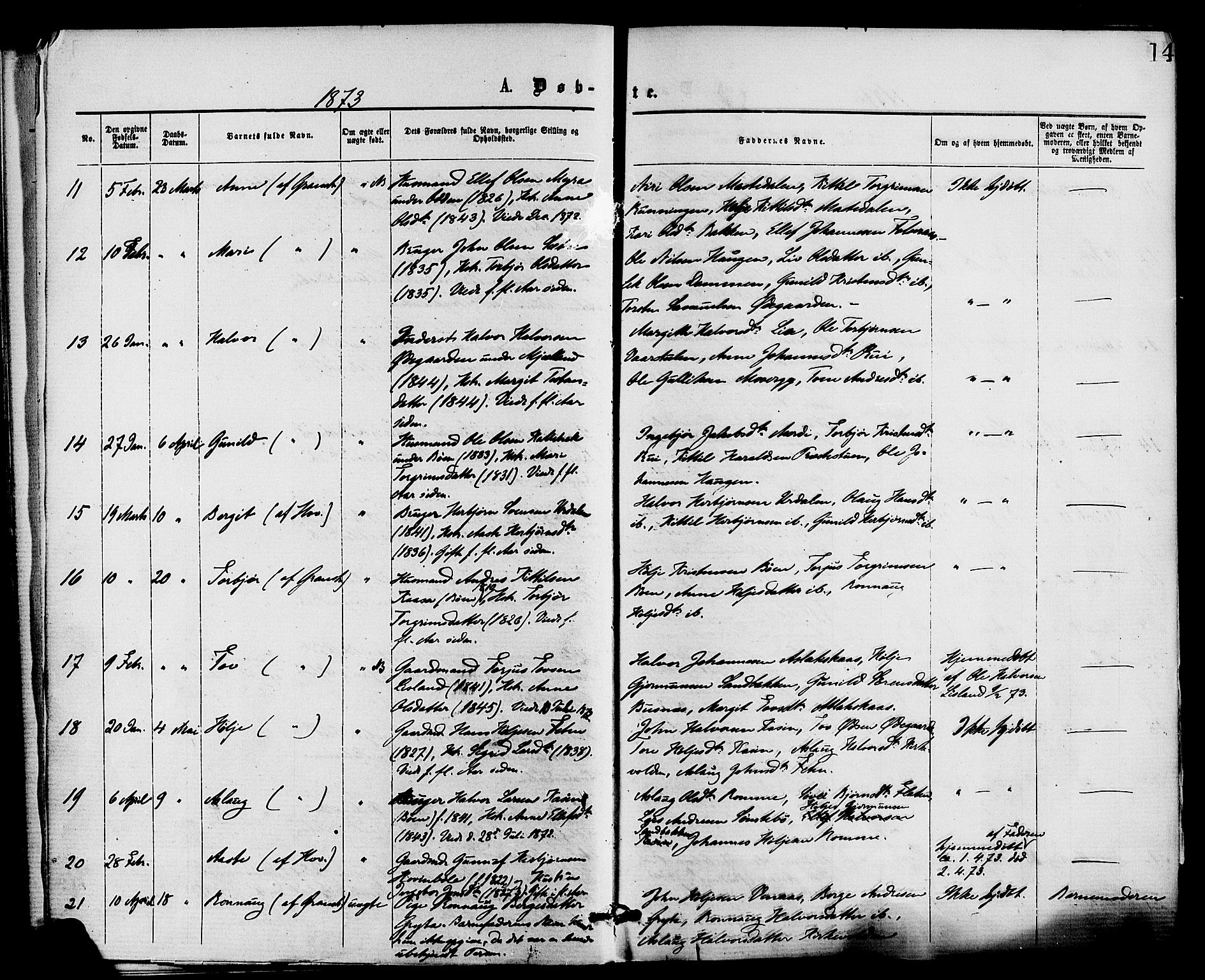 Gransherad kirkebøker, SAKO/A-267/F/Fa/L0004: Parish register (official) no. I 4, 1871-1886, p. 14