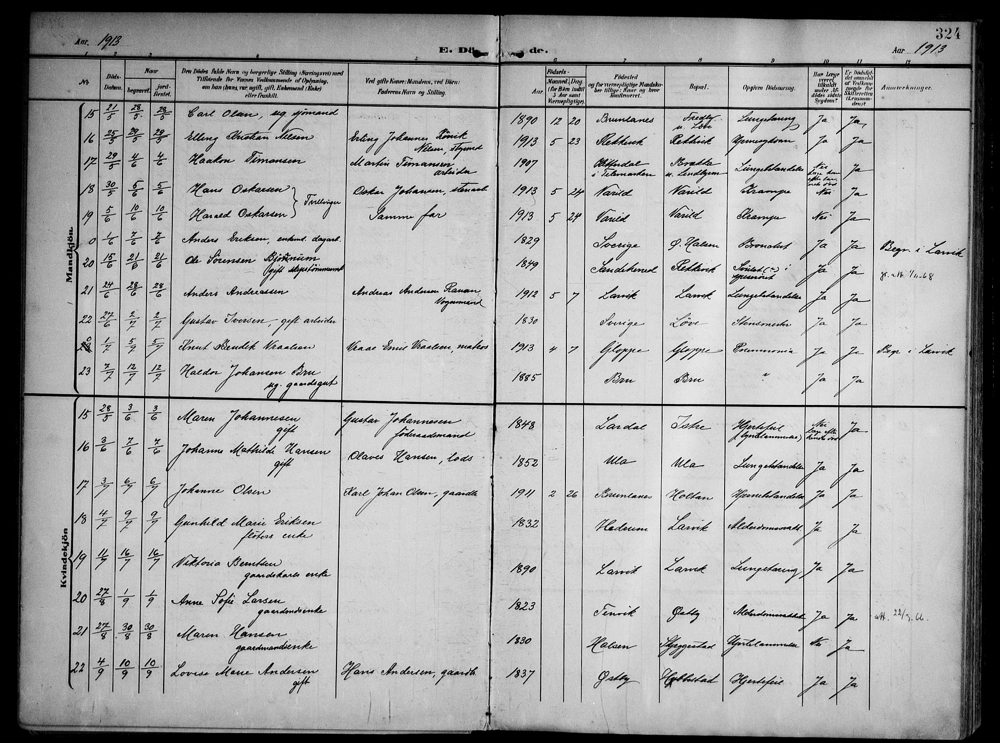 Tjølling kirkebøker, AV/SAKO-A-60/F/Fa/L0010: Parish register (official) no. 10, 1906-1923, p. 324