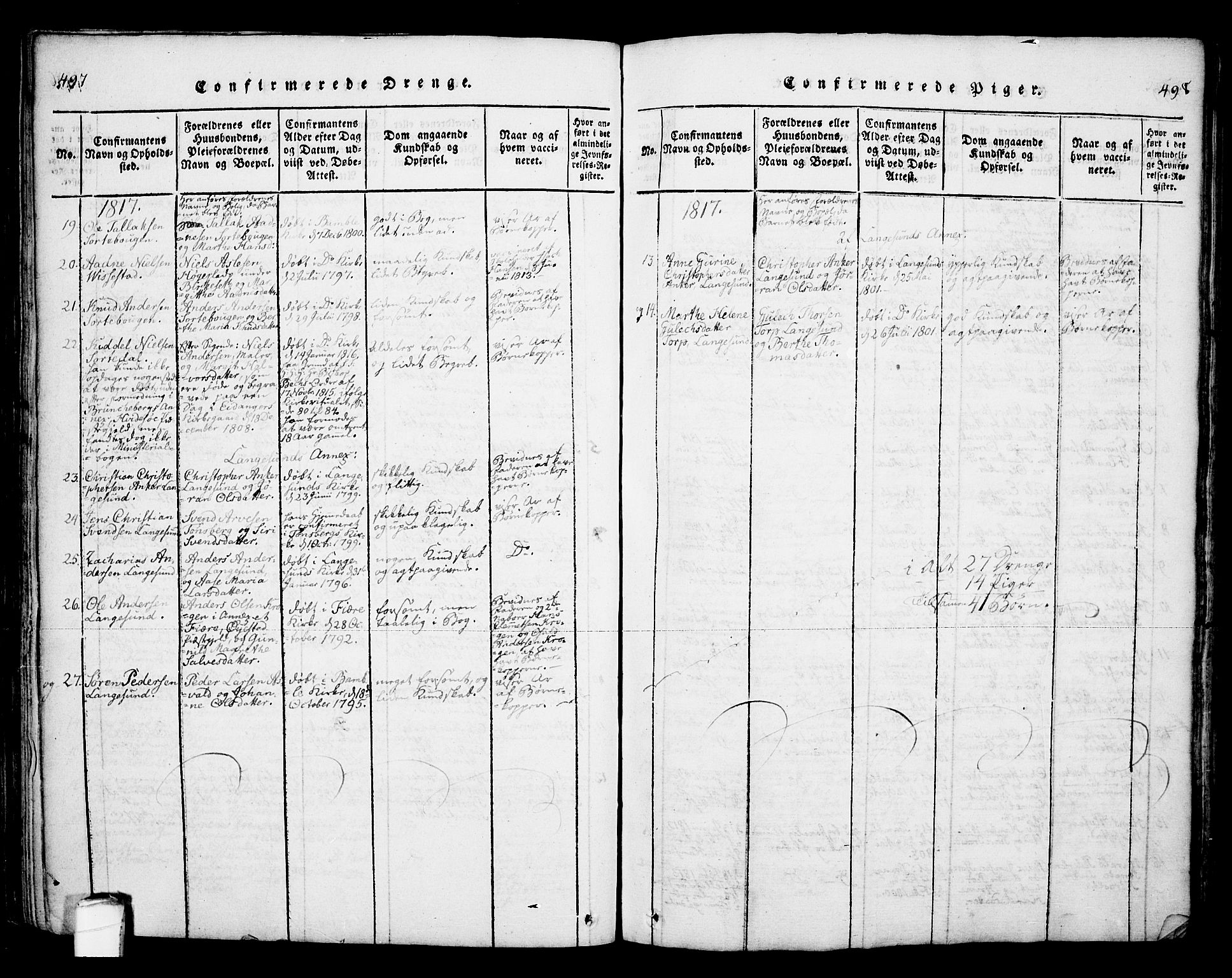 Bamble kirkebøker, SAKO/A-253/F/Fa/L0003: Parish register (official) no. I 3 /1, 1814-1834, p. 497-498