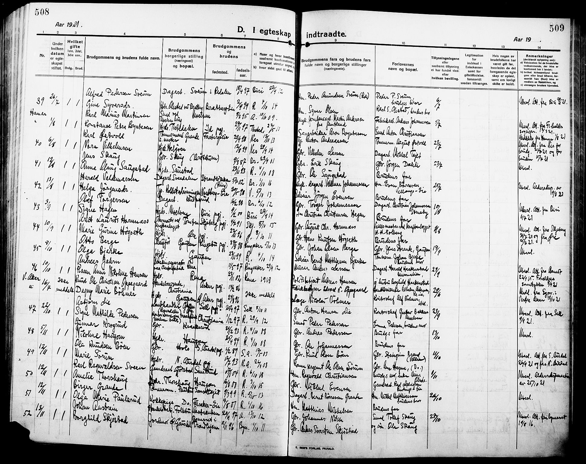 Ringsaker prestekontor, SAH/PREST-014/L/La/L0018: Parish register (copy) no. 18, 1913-1922, p. 508-509