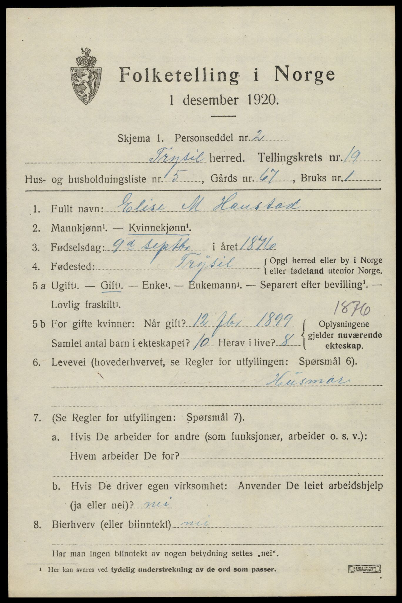 SAH, 1920 census for Trysil, 1920, p. 12753
