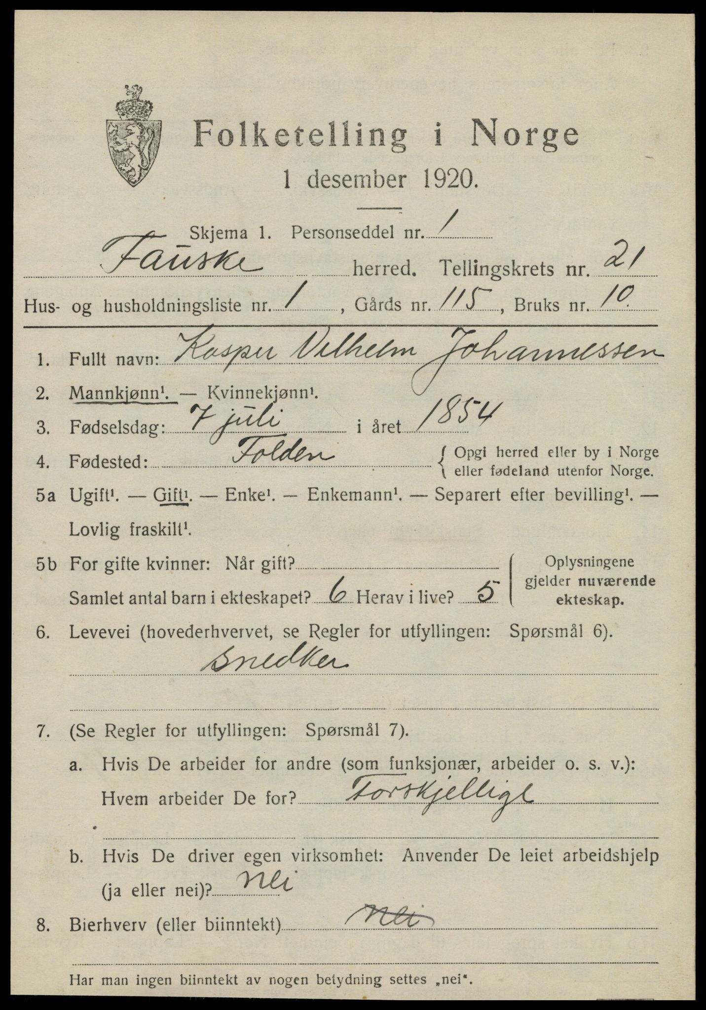 SAT, 1920 census for Fauske, 1920, p. 12910