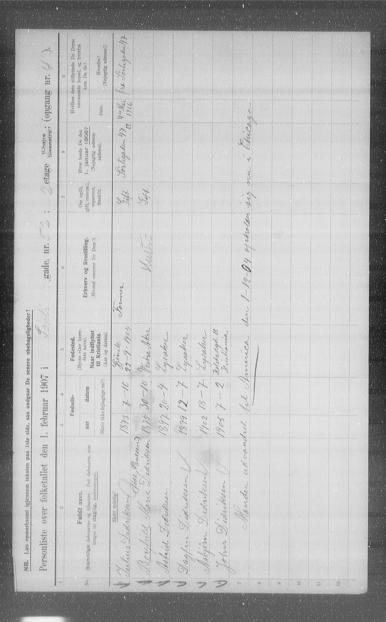 OBA, Municipal Census 1907 for Kristiania, 1907, p. 54374