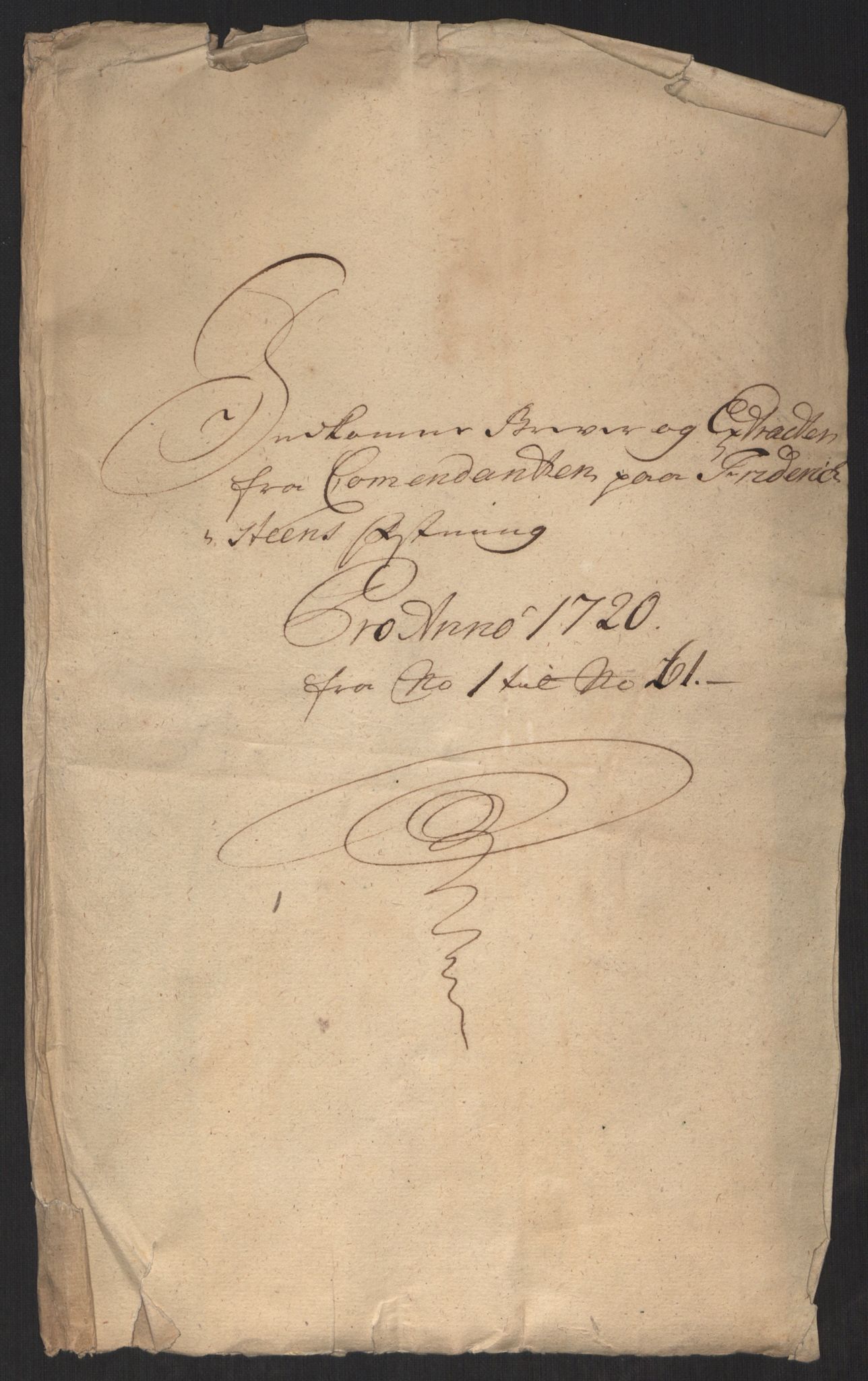 Kommanderende general (KG I) med Det norske krigsdirektorium, AV/RA-EA-5419/D/L0152: Fredriksten festning: Brev, inventarfortegnelser og regnskapsekstrakter, 1720-1723, p. 3