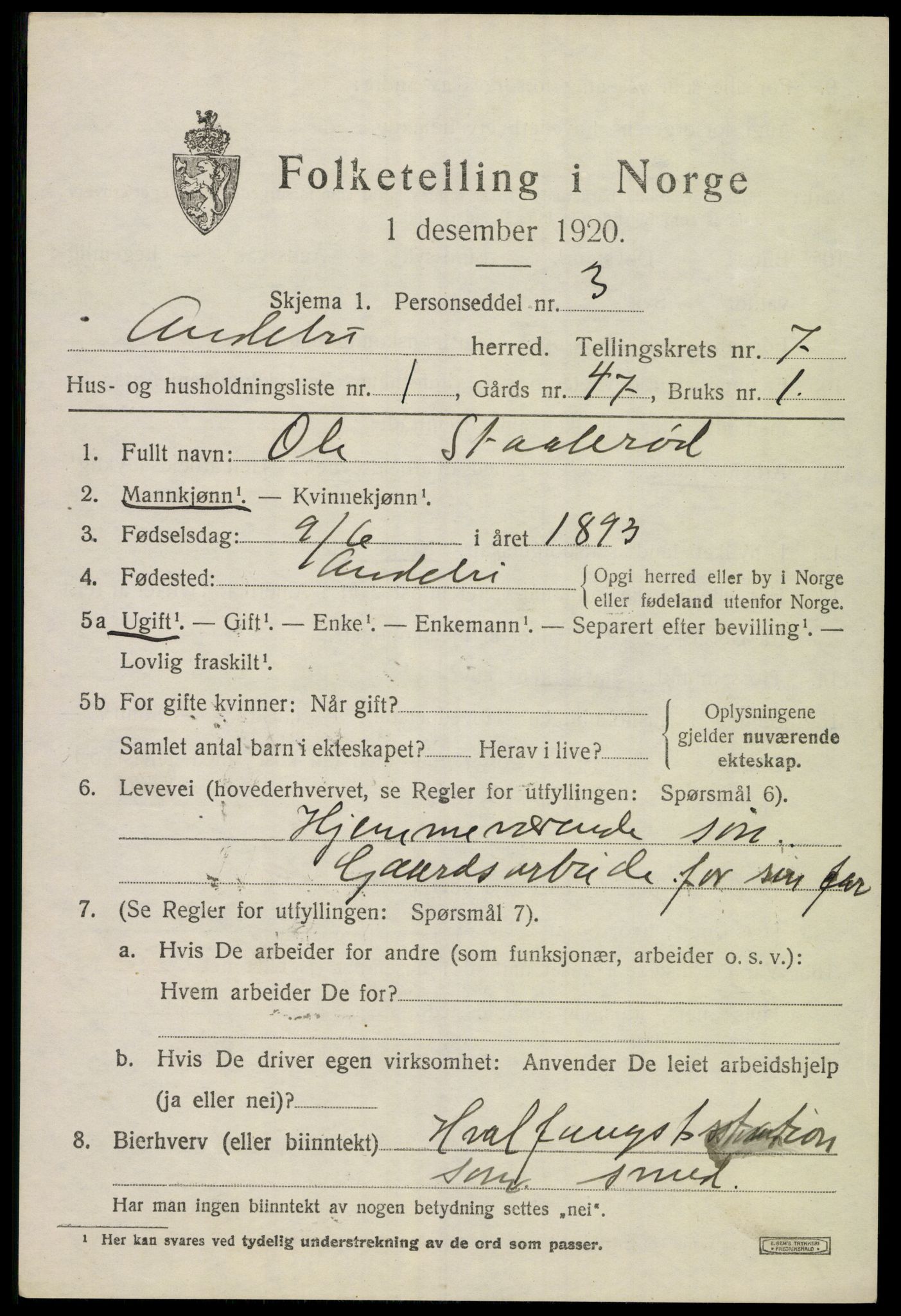 SAKO, 1920 census for Andebu, 1920, p. 3202