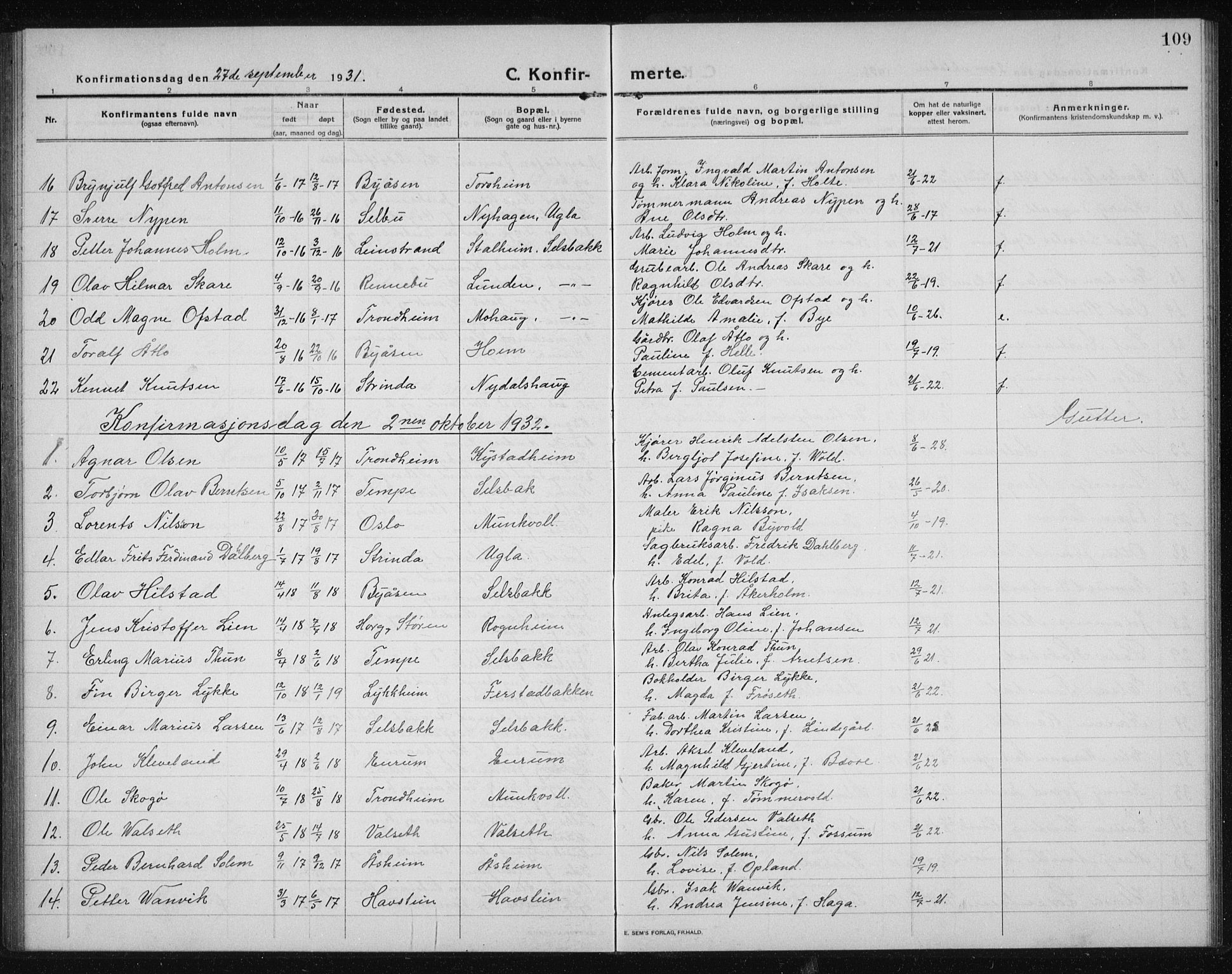 Ministerialprotokoller, klokkerbøker og fødselsregistre - Sør-Trøndelag, SAT/A-1456/611/L0356: Parish register (copy) no. 611C04, 1914-1938, p. 109