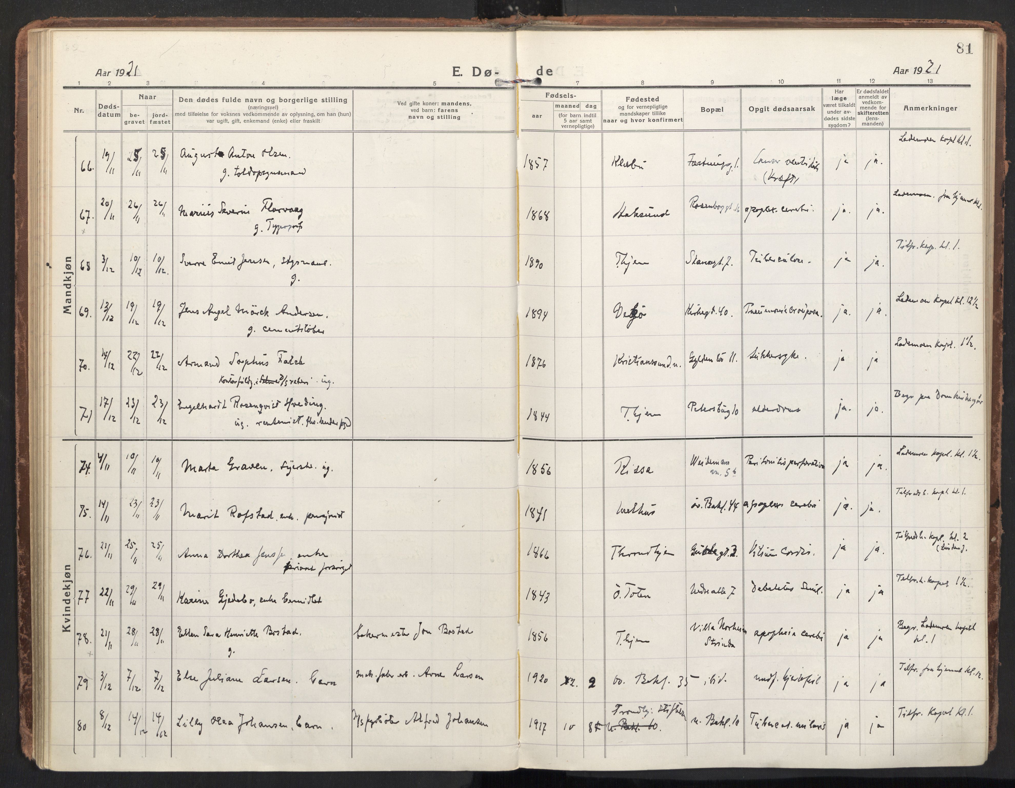 Ministerialprotokoller, klokkerbøker og fødselsregistre - Sør-Trøndelag, AV/SAT-A-1456/604/L0207: Parish register (official) no. 604A27, 1917-1933, p. 81