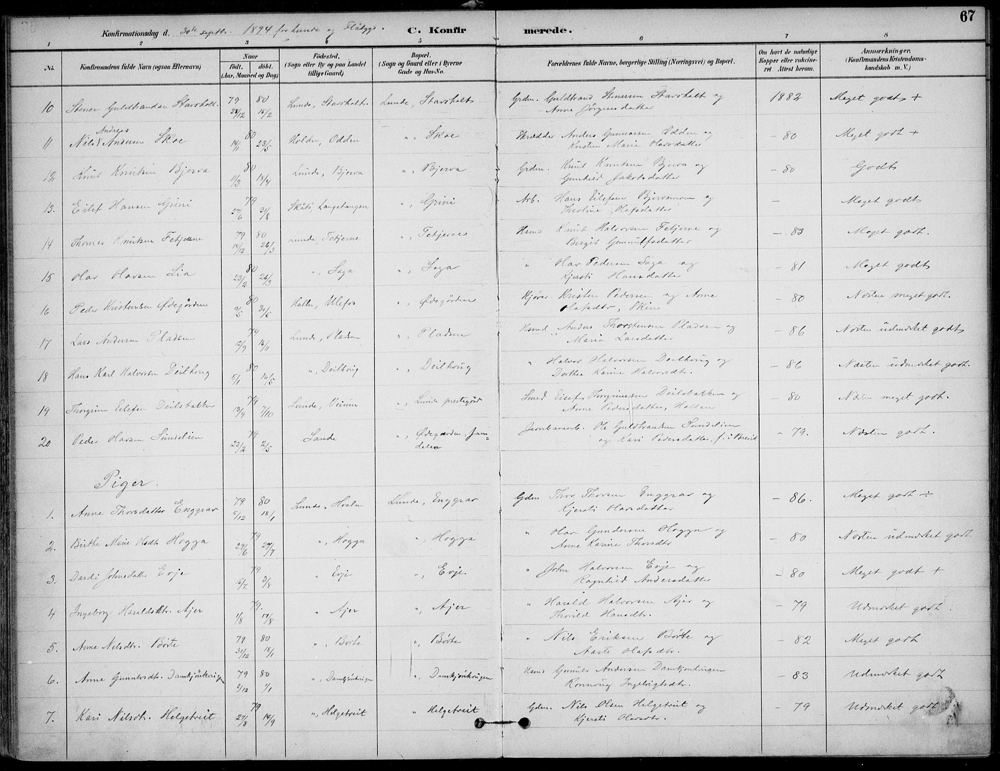 Lunde kirkebøker, SAKO/A-282/F/Fa/L0003: Parish register (official) no. I 3, 1893-1902, p. 67