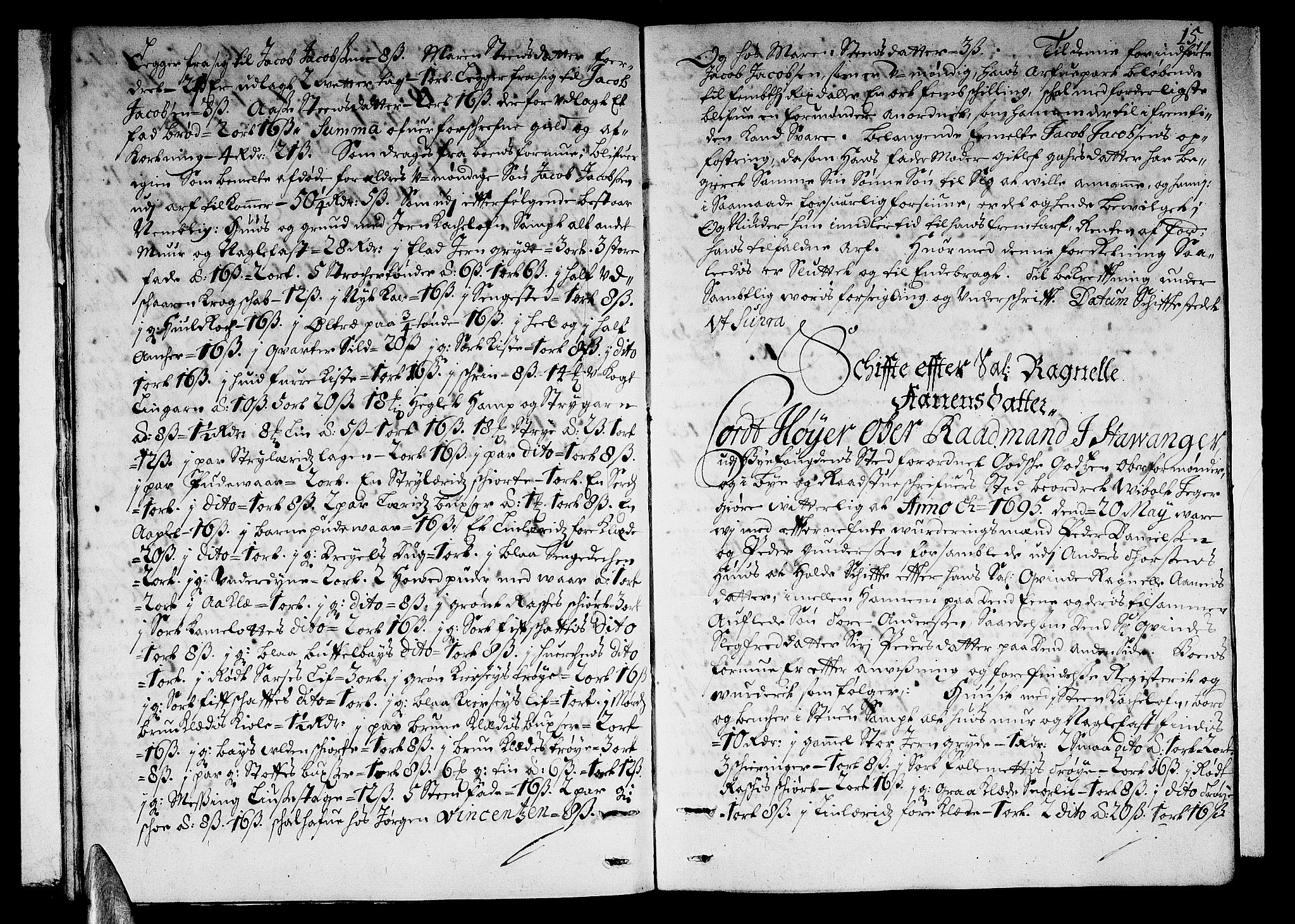 Stavanger byfogd, AV/SAST-A-101408/001/5/50/503BB/L0003: Skifteprotokoll, 1695-1707, p. 14b-15a