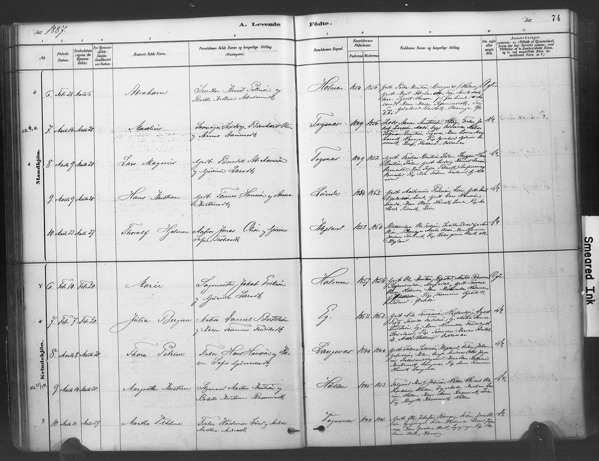 Søgne sokneprestkontor, SAK/1111-0037/F/Fa/Fab/L0012: Parish register (official) no. A 12, 1880-1891, p. 74