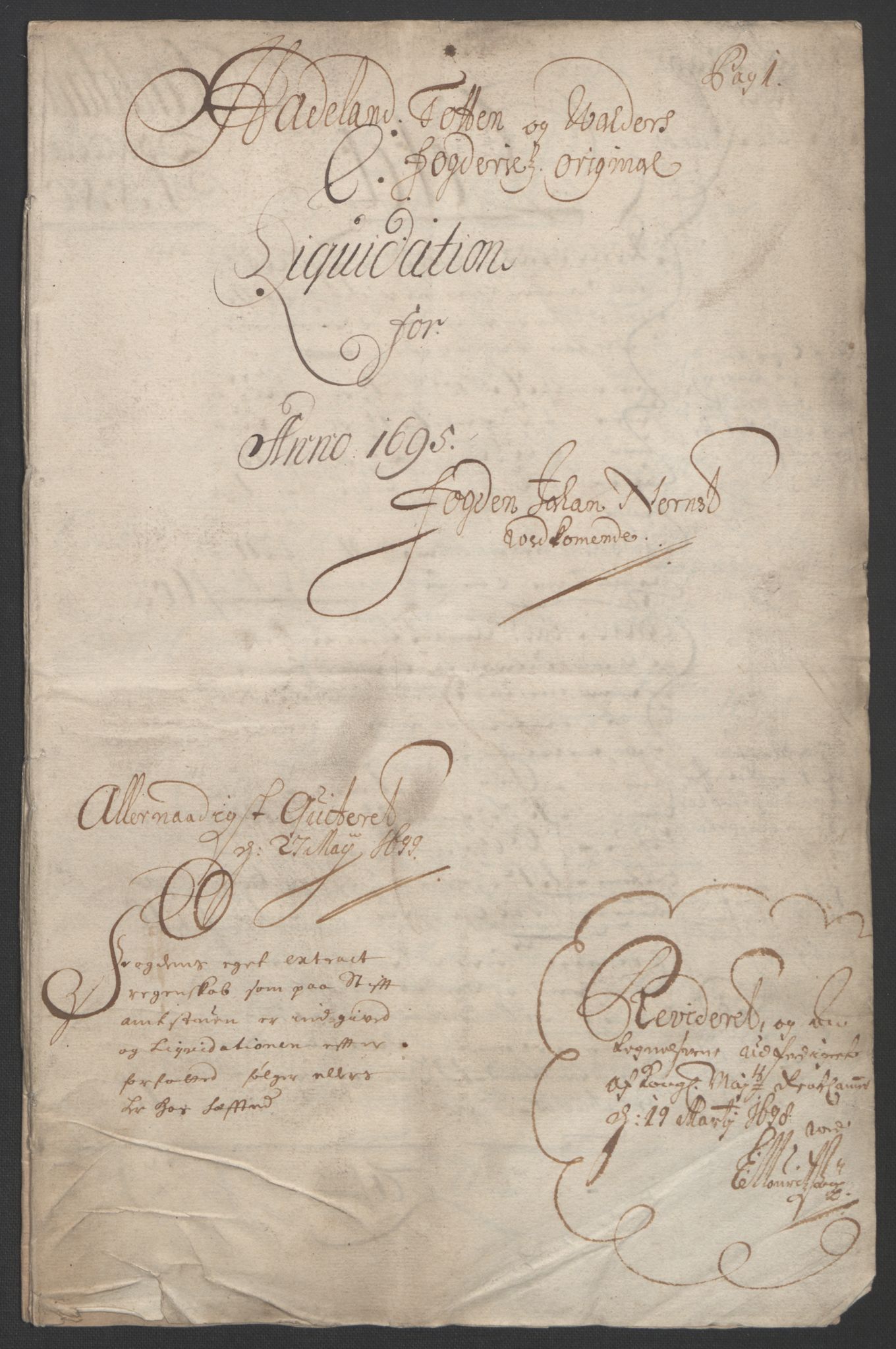 Rentekammeret inntil 1814, Reviderte regnskaper, Fogderegnskap, AV/RA-EA-4092/R18/L1293: Fogderegnskap Hadeland, Toten og Valdres, 1695, p. 3