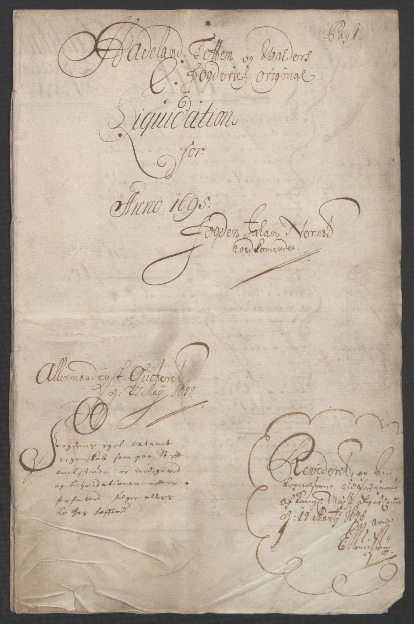 Rentekammeret inntil 1814, Reviderte regnskaper, Fogderegnskap, RA/EA-4092/R18/L1293: Fogderegnskap Hadeland, Toten og Valdres, 1695, p. 3