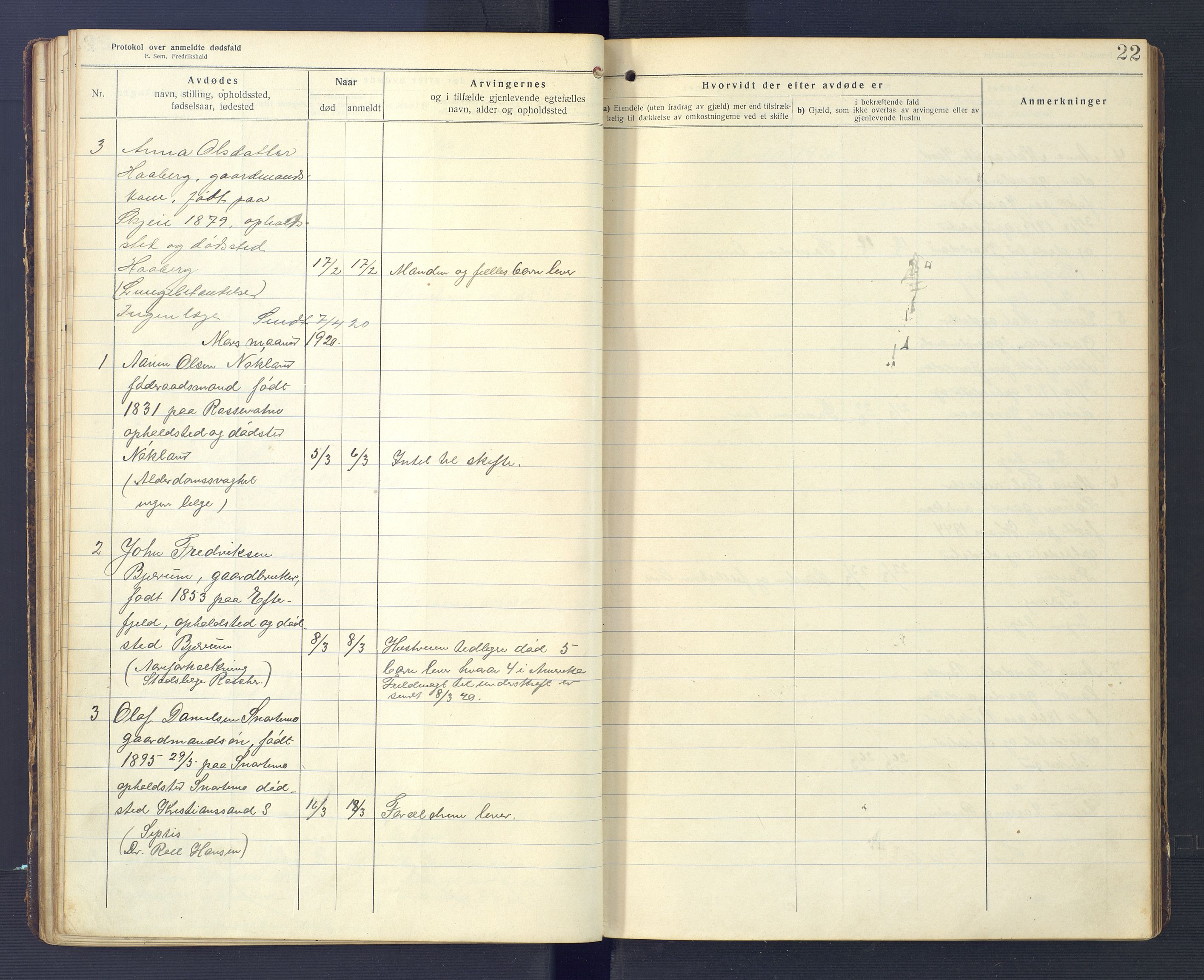 Hægebostad og Eiken lensmannskontor, AV/SAK-1241-0023/F/Fe/L0002: Dødsfallsprotokoll nr 34, 1917-1932, p. 22