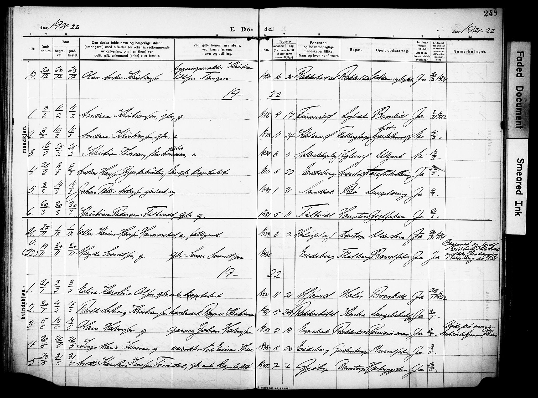 Rakkestad prestekontor Kirkebøker, AV/SAO-A-2008/F/Fa/L0015: Parish register (official) no. I 15, 1909-1922, p. 248