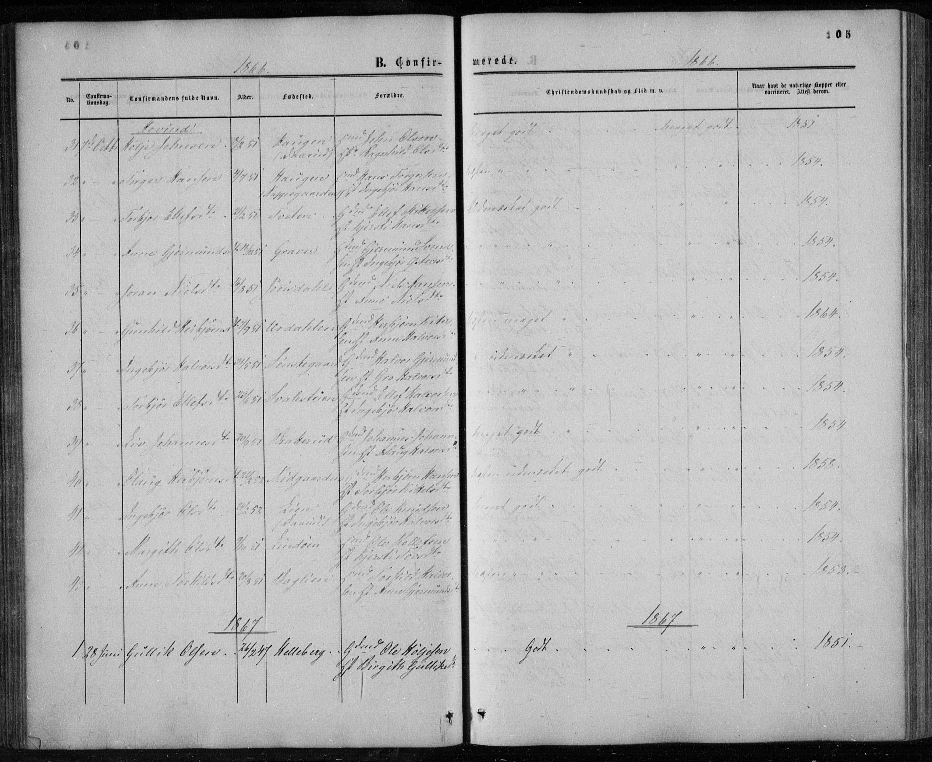 Gransherad kirkebøker, AV/SAKO-A-267/F/Fa/L0003: Parish register (official) no. I 3, 1859-1870, p. 105