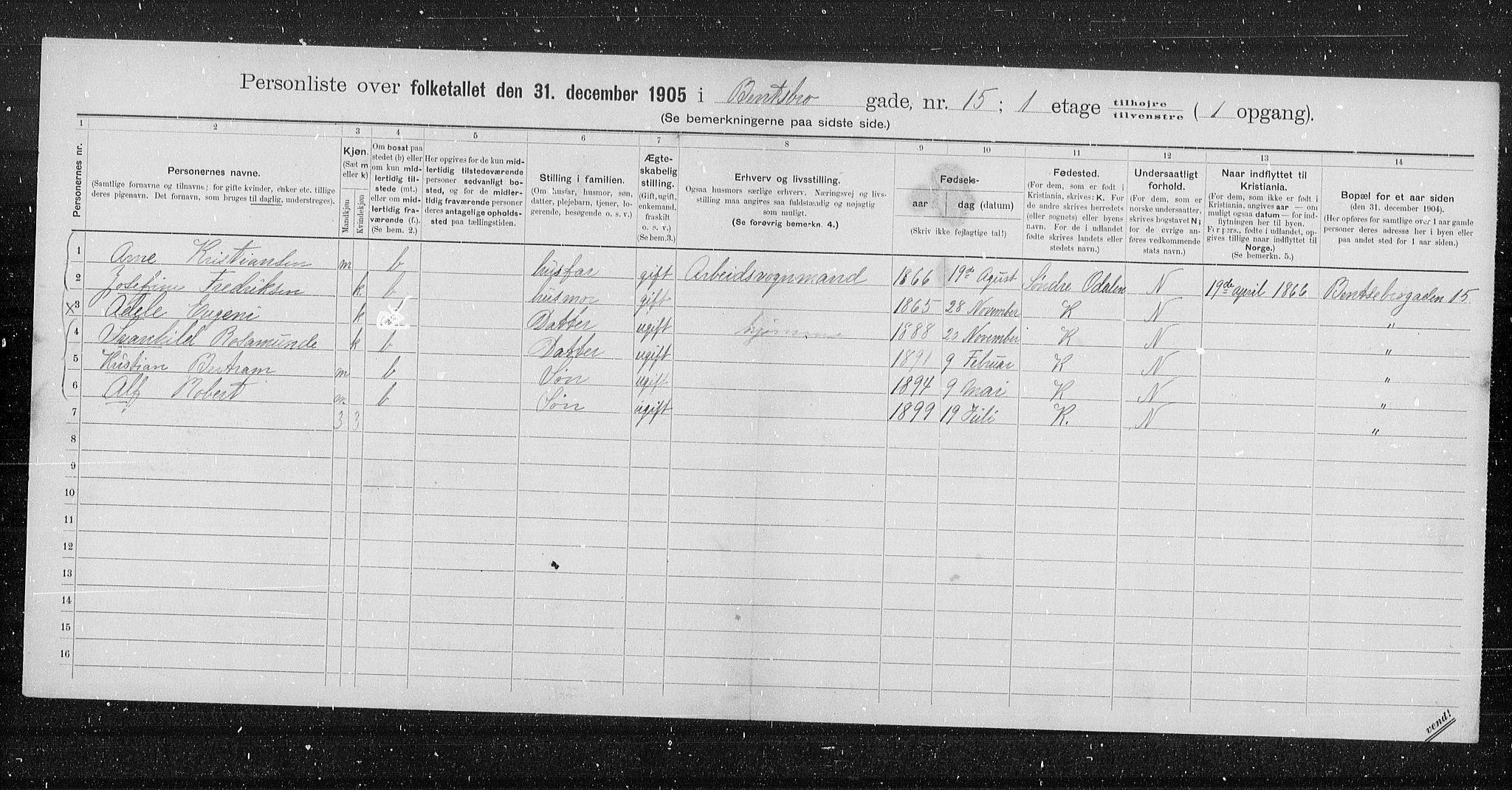 OBA, Municipal Census 1905 for Kristiania, 1905, p. 1768