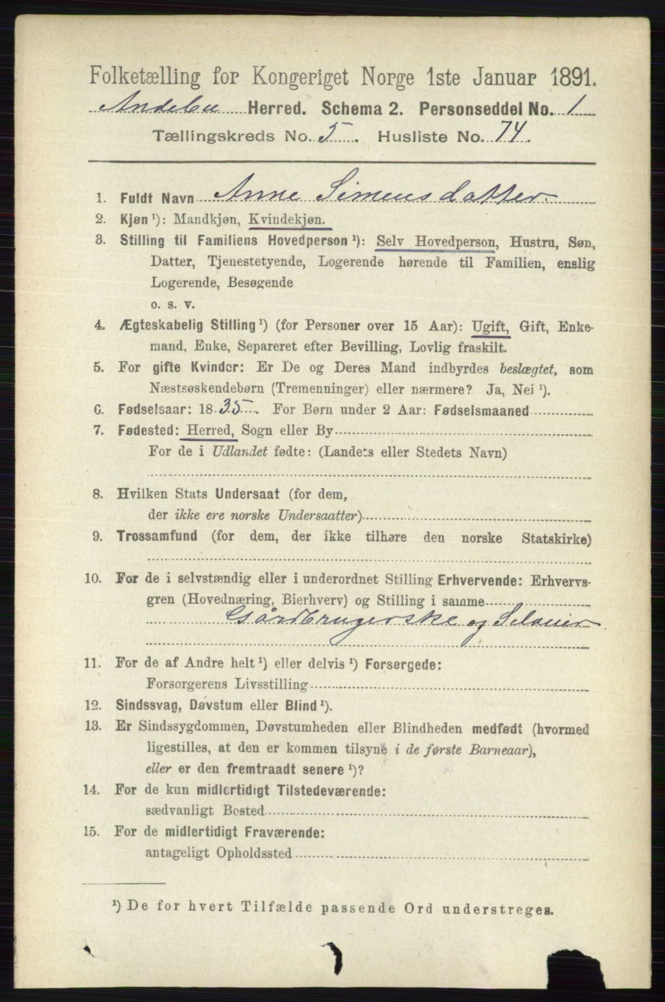 RA, 1891 census for 0719 Andebu, 1891, p. 3058