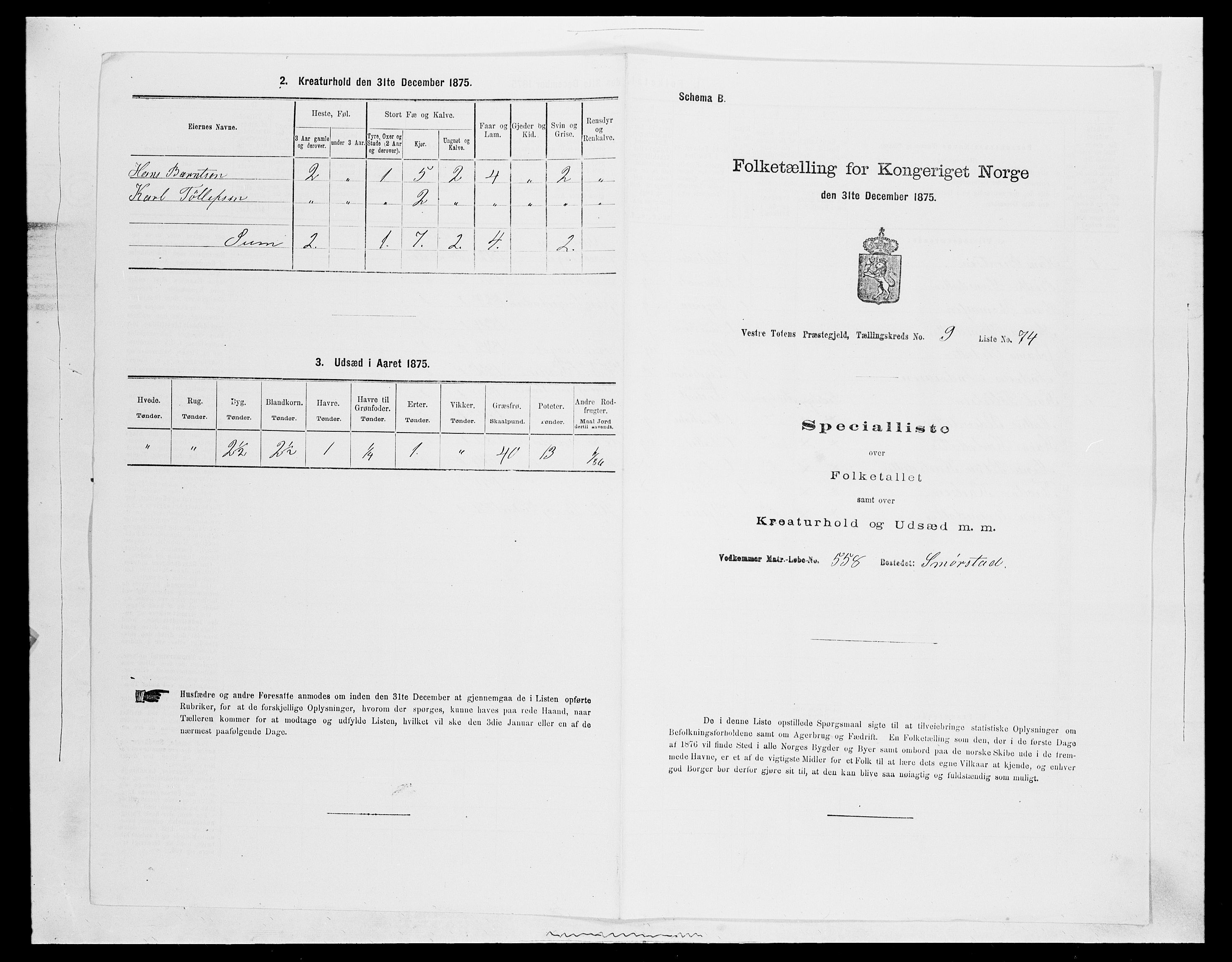 SAH, 1875 census for 0529P Vestre Toten, 1875, p. 1841