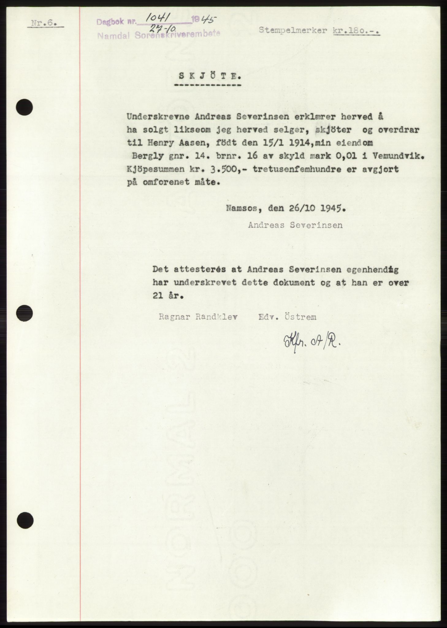Namdal sorenskriveri, SAT/A-4133/1/2/2C: Mortgage book no. -, 1944-1945, Diary no: : 1041/1945