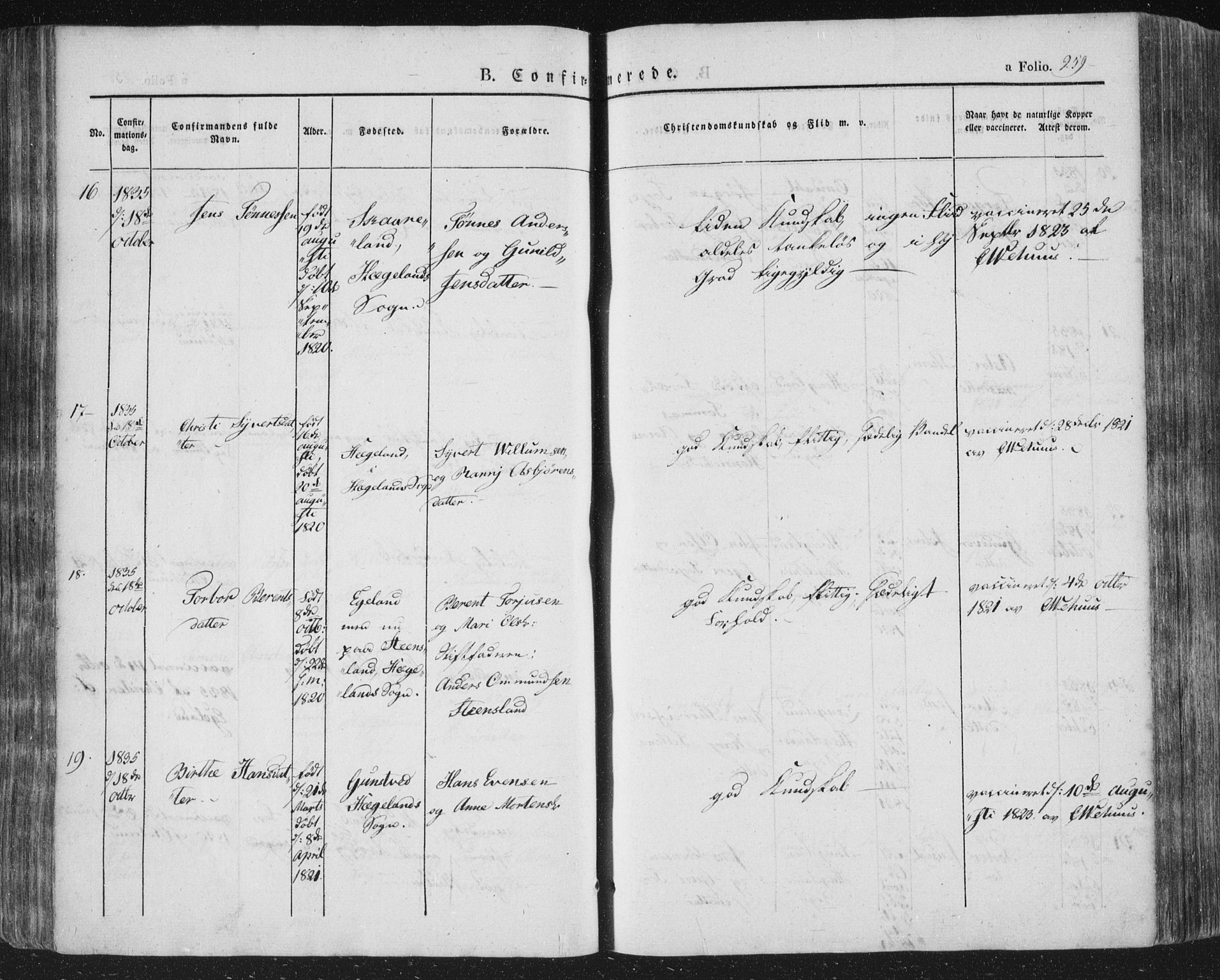 Vennesla sokneprestkontor, AV/SAK-1111-0045/Fa/Fac/L0004: Parish register (official) no. A 4, 1834-1855, p. 259