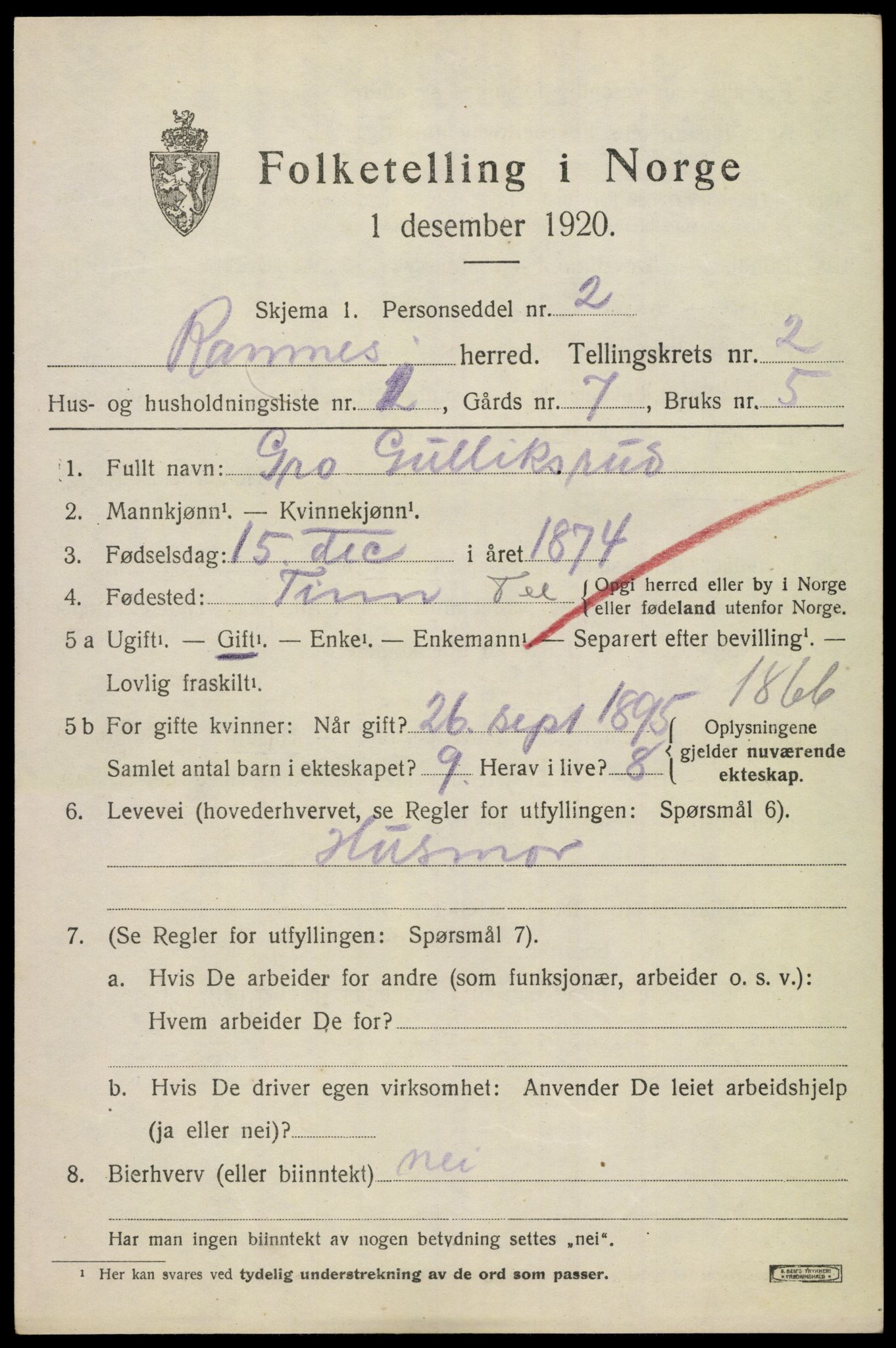 SAKO, 1920 census for Ramnes, 1920, p. 1992