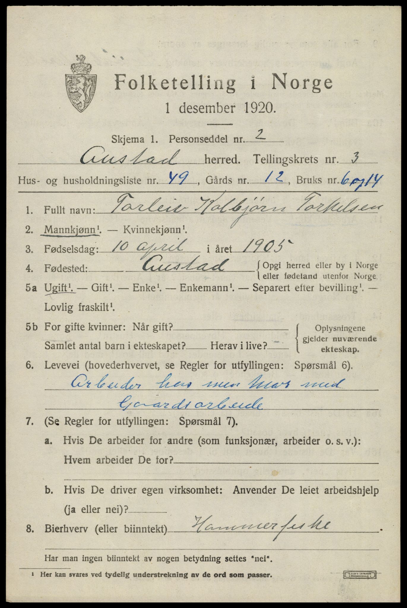 SAK, 1920 census for Austad, 1920, p. 1383