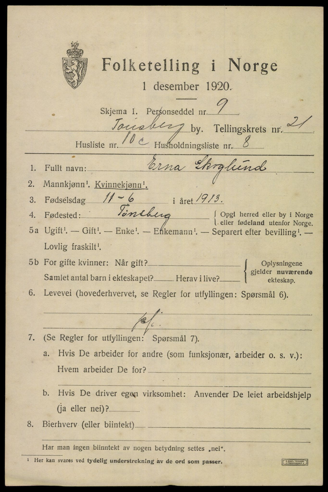 SAKO, 1920 census for Tønsberg, 1920, p. 30403