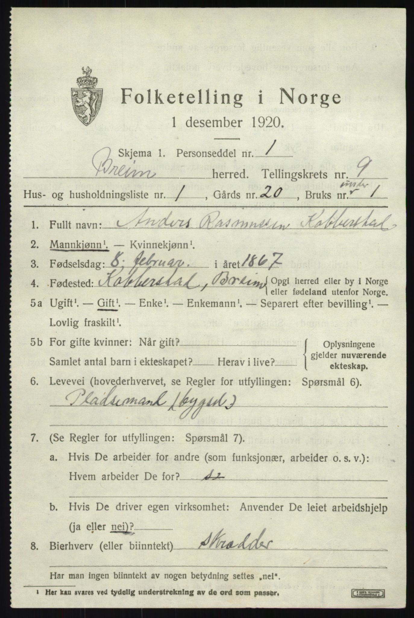 SAB, 1920 census for Breim, 1920, p. 4451