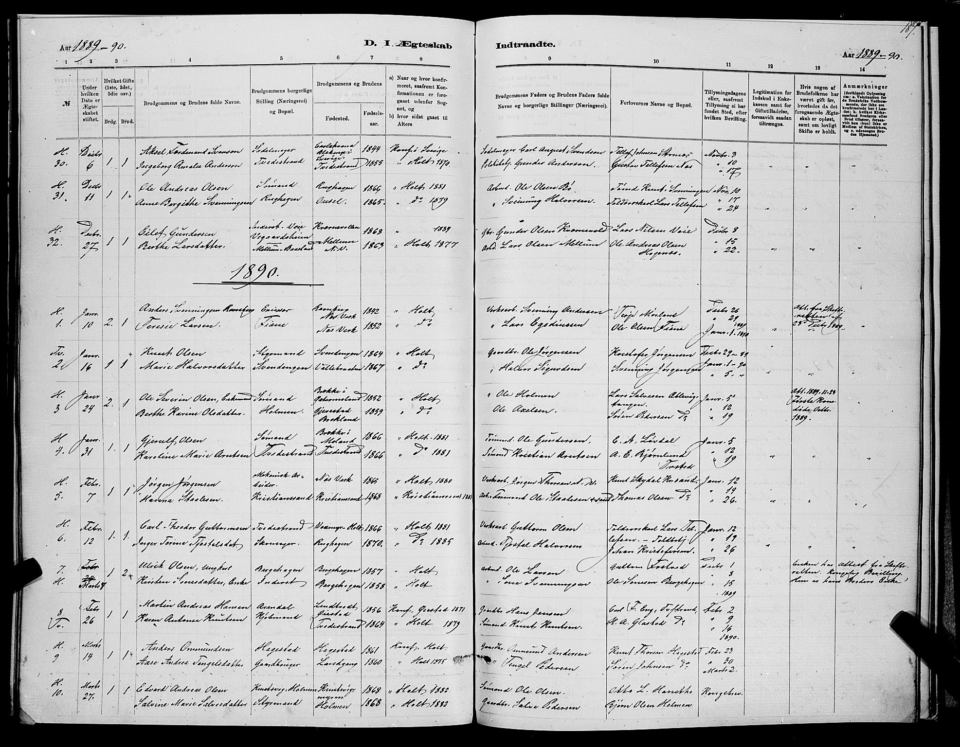 Holt sokneprestkontor, AV/SAK-1111-0021/F/Fb/L0010: Parish register (copy) no. B 10, 1883-1896, p. 187