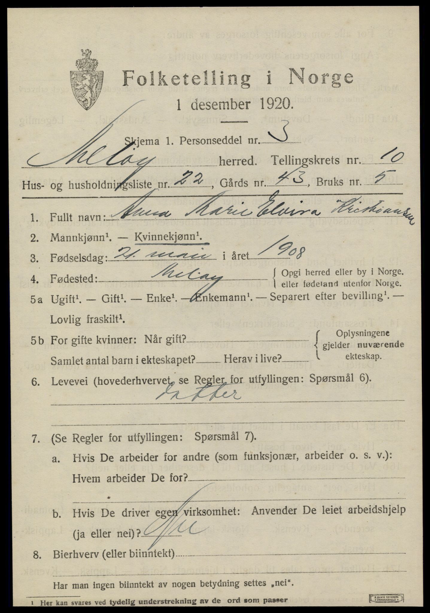 SAT, 1920 census for Meløy, 1920, p. 5521