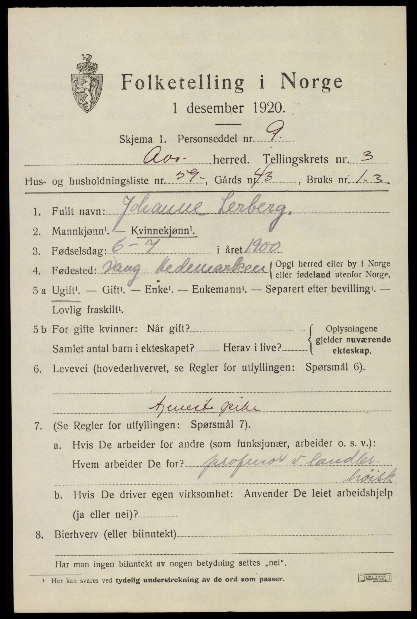 SAO, 1920 census for Ås, 1920, p. 4442