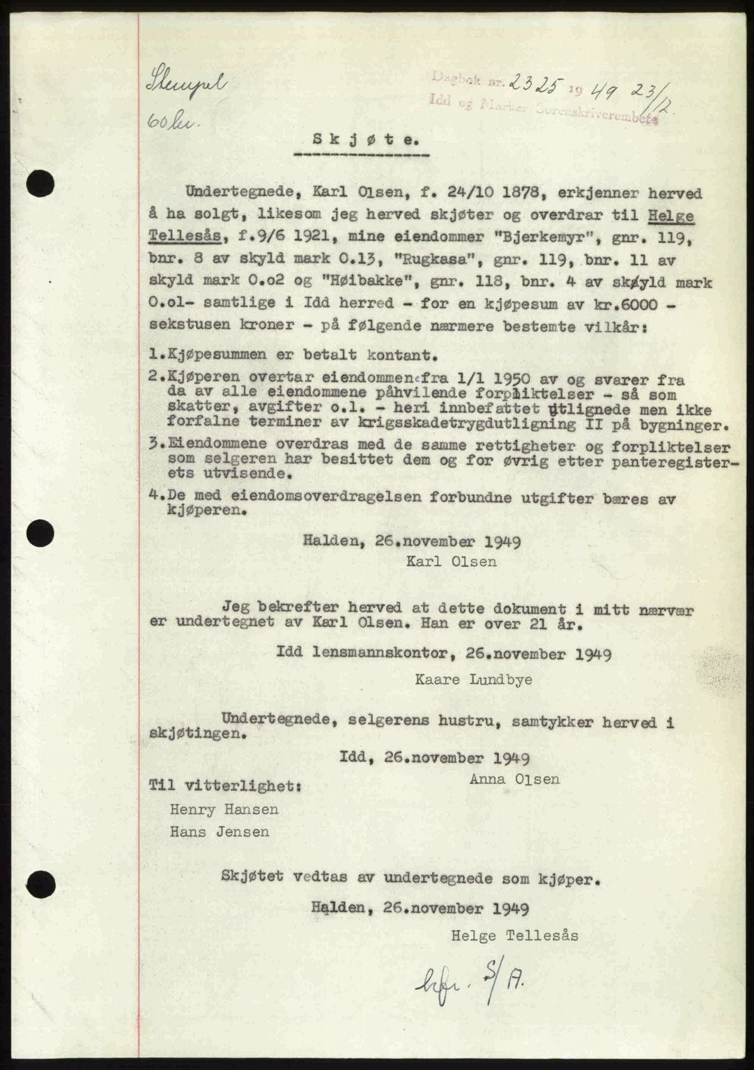 Idd og Marker sorenskriveri, AV/SAO-A-10283/G/Gb/Gbb/L0013: Mortgage book no. A13, 1949-1950, Diary no: : 2325/1949