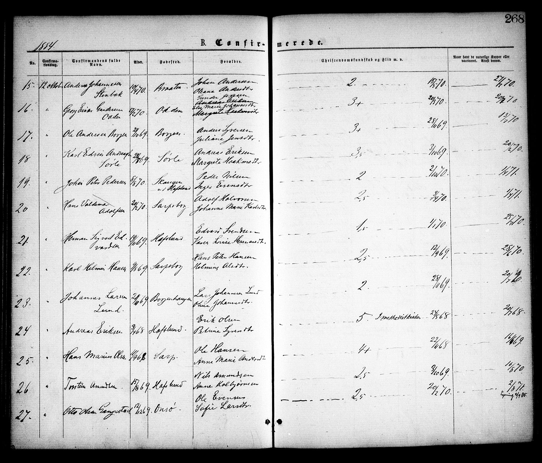 Skjeberg prestekontor Kirkebøker, SAO/A-10923/F/Fa/L0008: Parish register (official) no. I 8, 1869-1885, p. 268