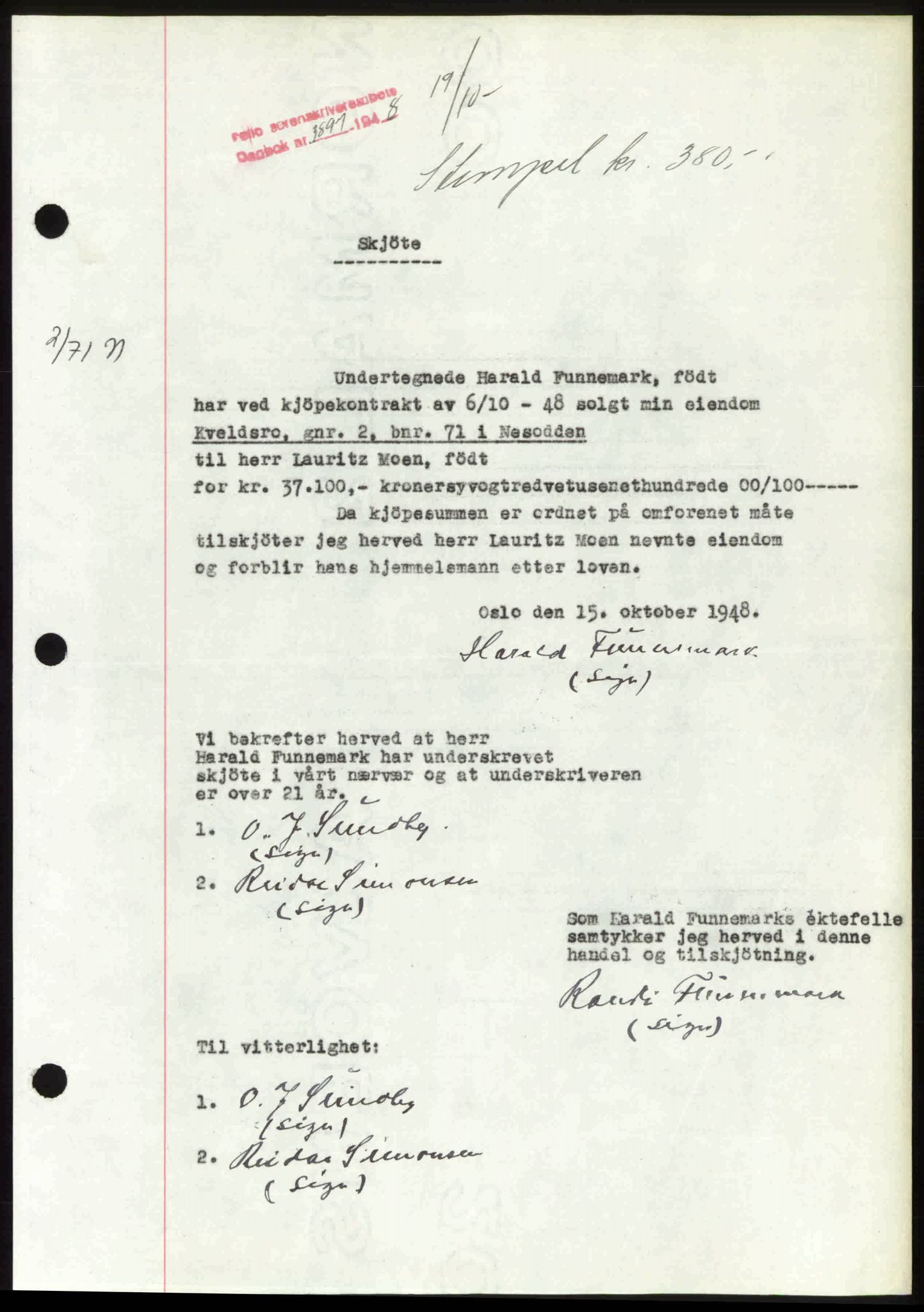 Follo sorenskriveri, AV/SAO-A-10274/G/Ga/Gaa/L0085: Mortgage book no. I 85, 1948-1948, Diary no: : 3897/1948